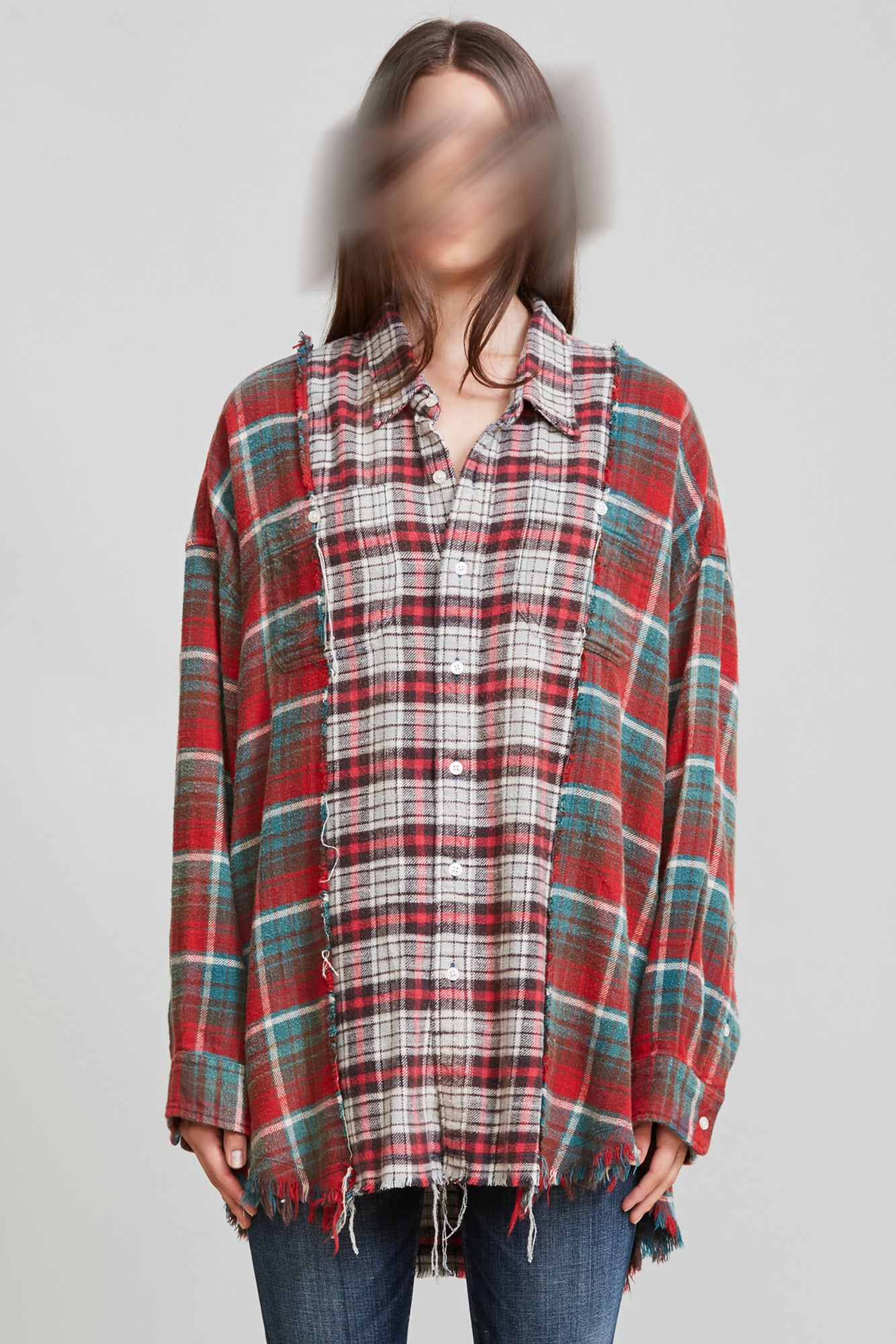 DROP NECK COMBO WORK SHIRT - GREY AND BLUE PLAID - R13