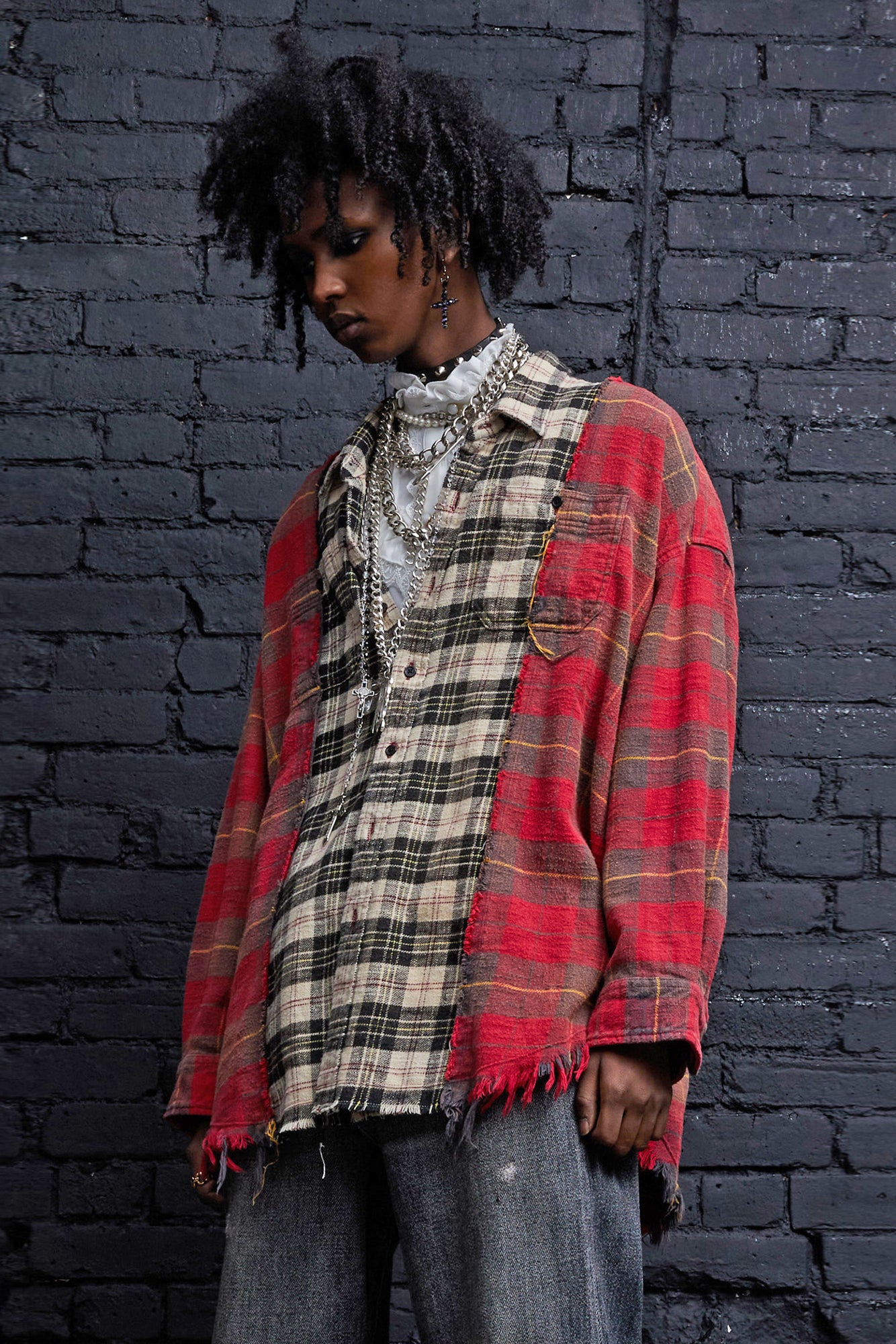 DROP NECK COMBO WORKSHIRT - RED WITH BEIGE PLAID - R13