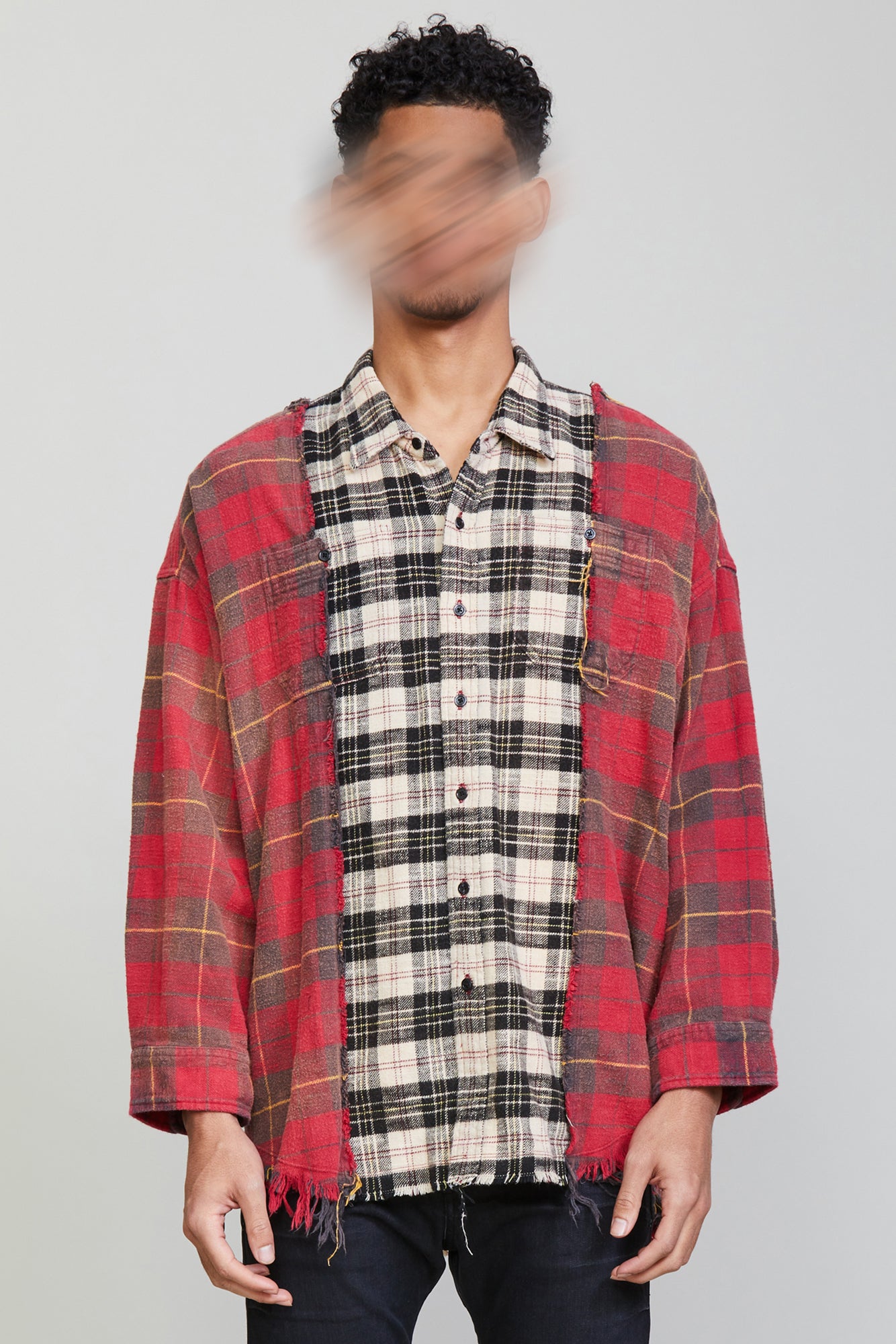 DROP NECK COMBO WORKSHIRT - RED WITH BEIGE PLAID - R13