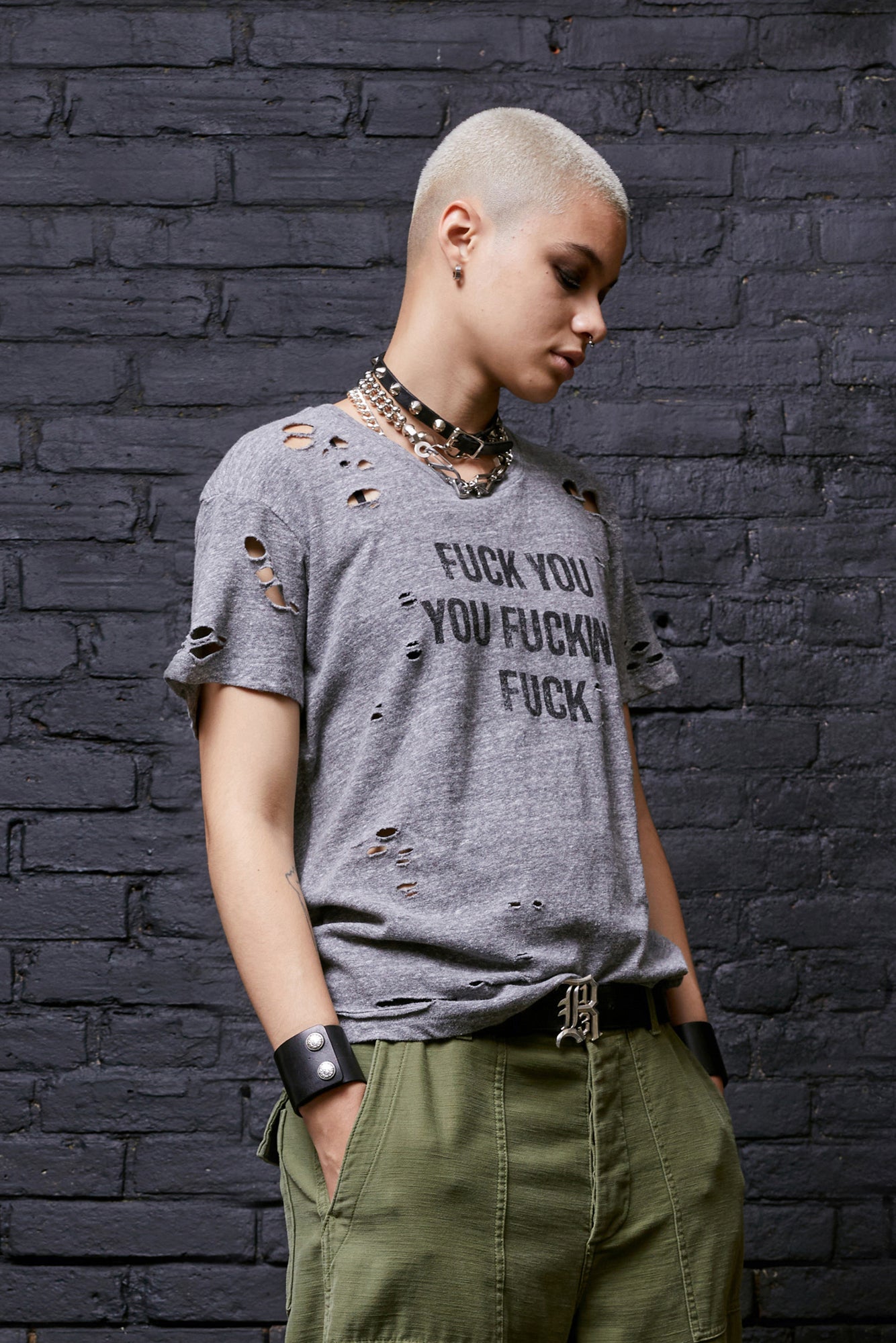 F.U. RIPPED BOY T - HEATHER GREY - R13