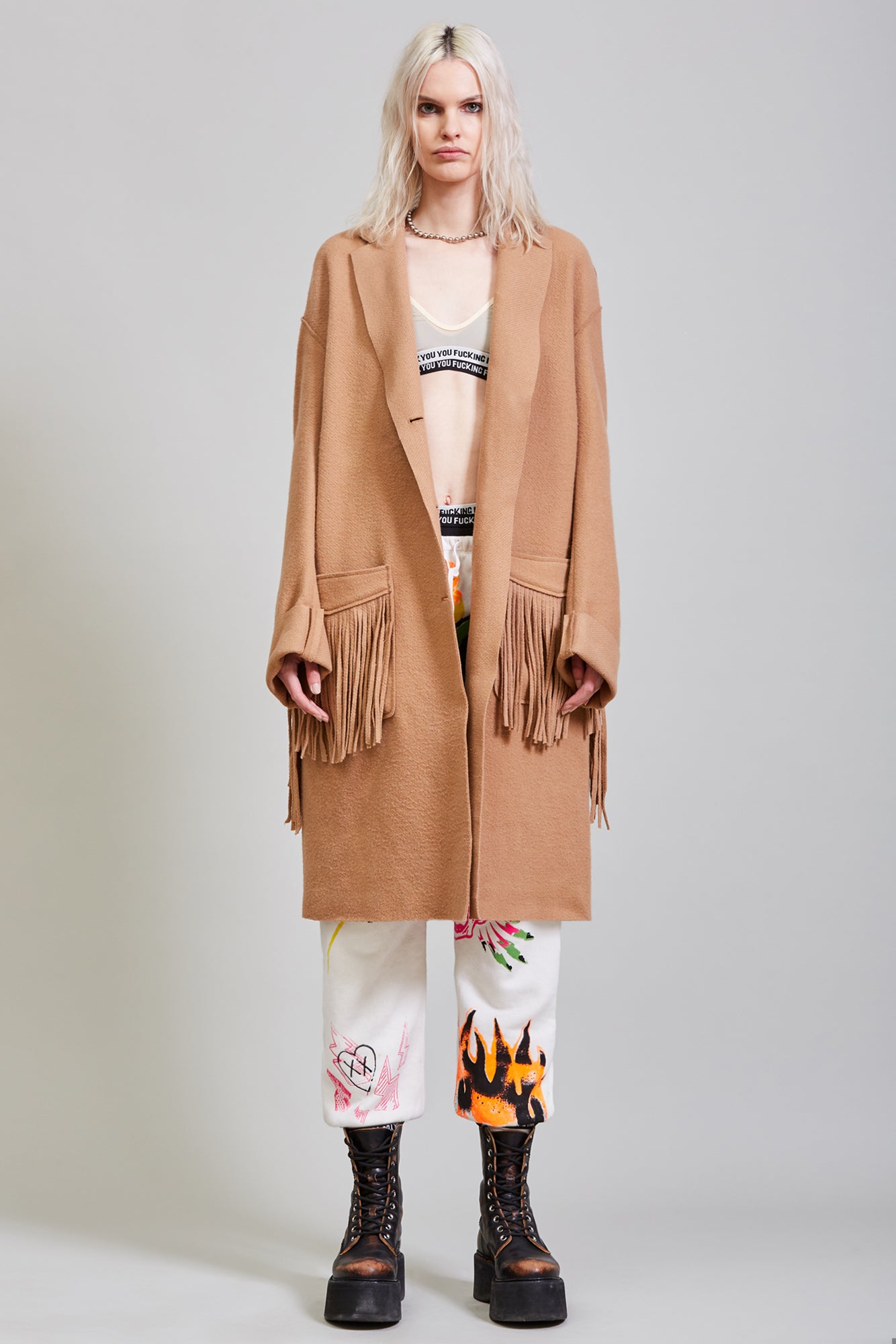 FRINGE RAW CUT COAT - CAMEL - R13