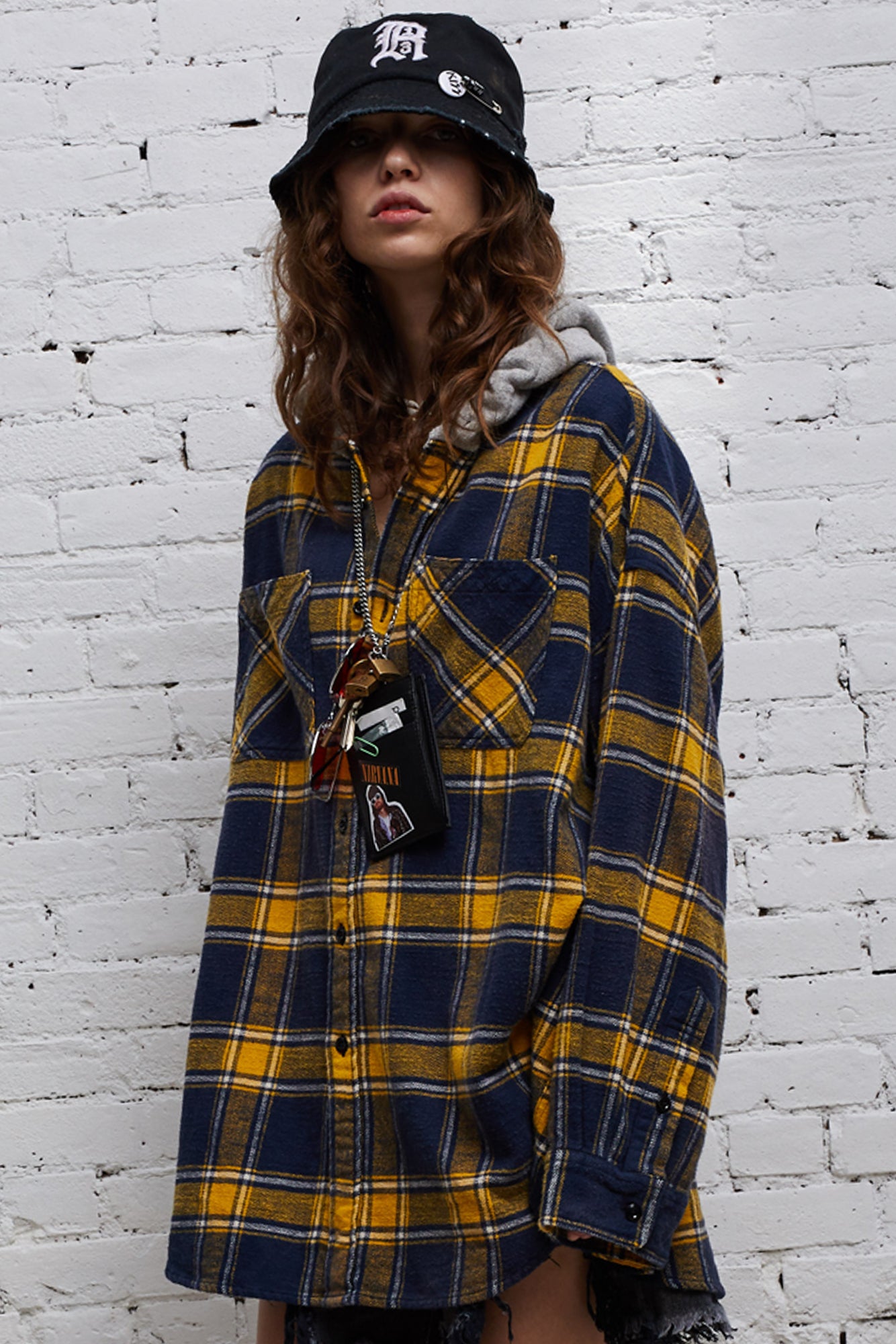 HOODED OVERSIZED SHIRT - YELLOW AND NAVY PLAID - R13