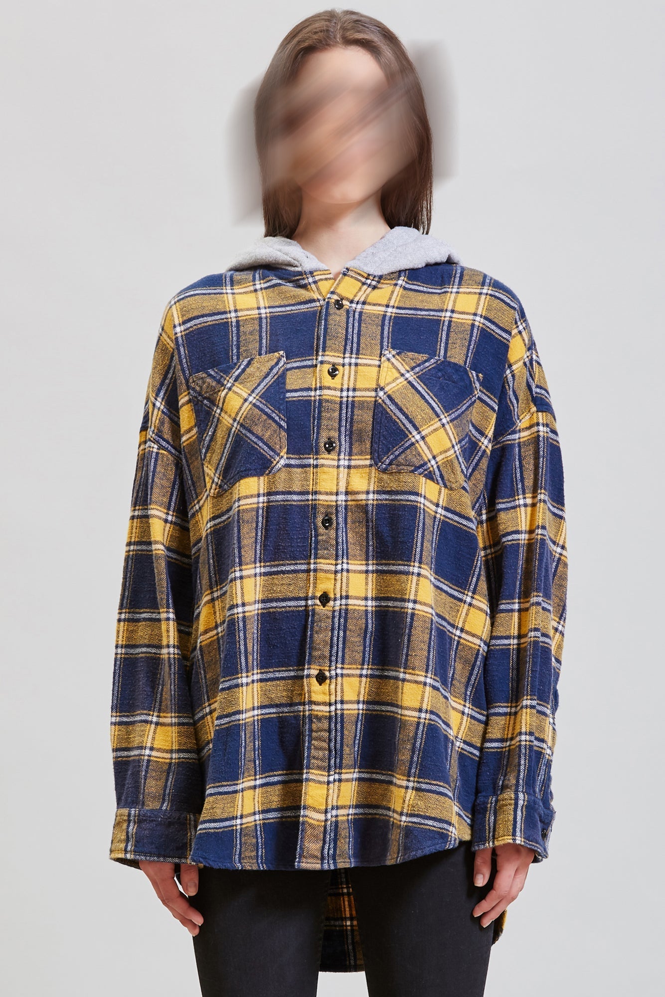 HOODED OVERSIZED SHIRT - YELLOW AND NAVY PLAID - R13