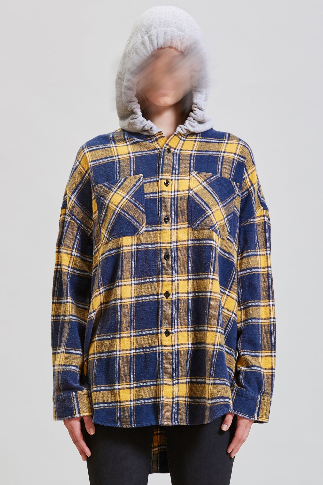 HOODED OVERSIZED SHIRT - YELLOW AND NAVY PLAID - R13