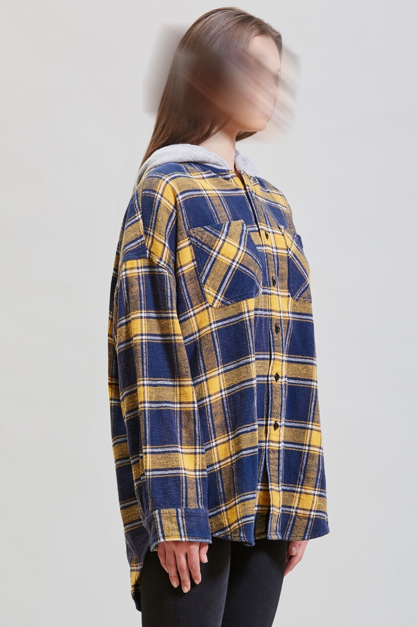 HOODED OVERSIZED SHIRT - YELLOW AND NAVY PLAID - R13