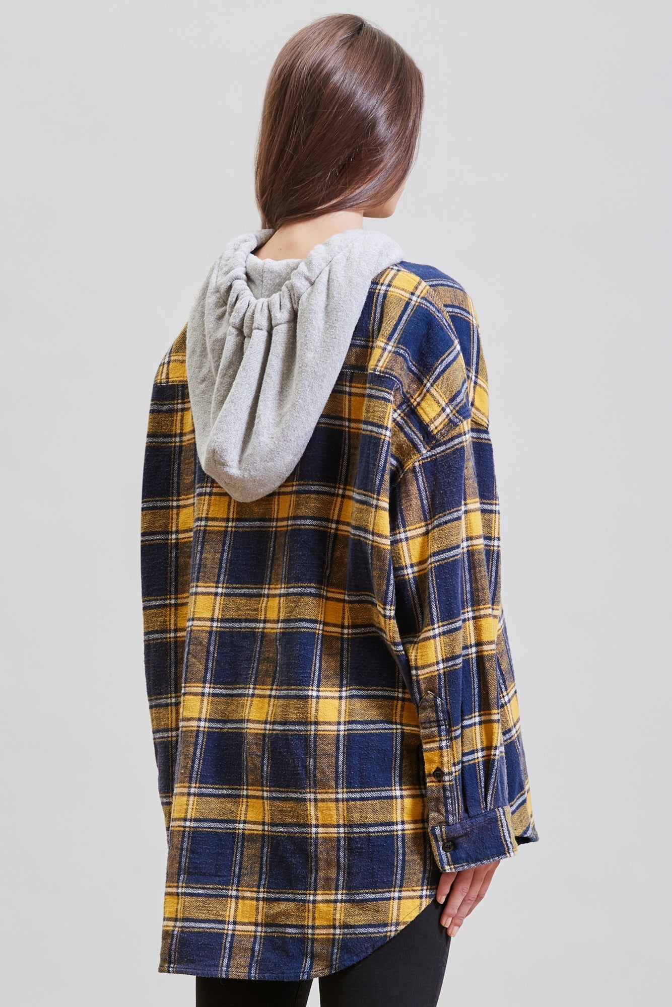 HOODED OVERSIZED SHIRT - YELLOW AND NAVY PLAID - R13