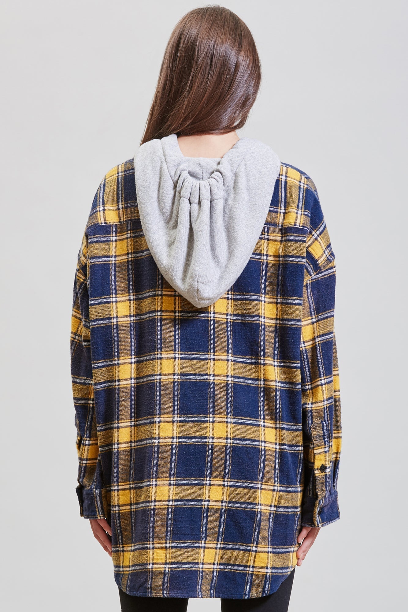 HOODED OVERSIZED SHIRT - YELLOW AND NAVY PLAID - R13