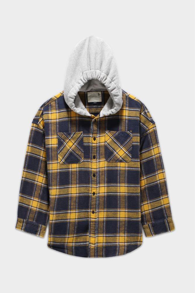 HOODED OVERSIZED SHIRT - YELLOW AND NAVY PLAID - R13