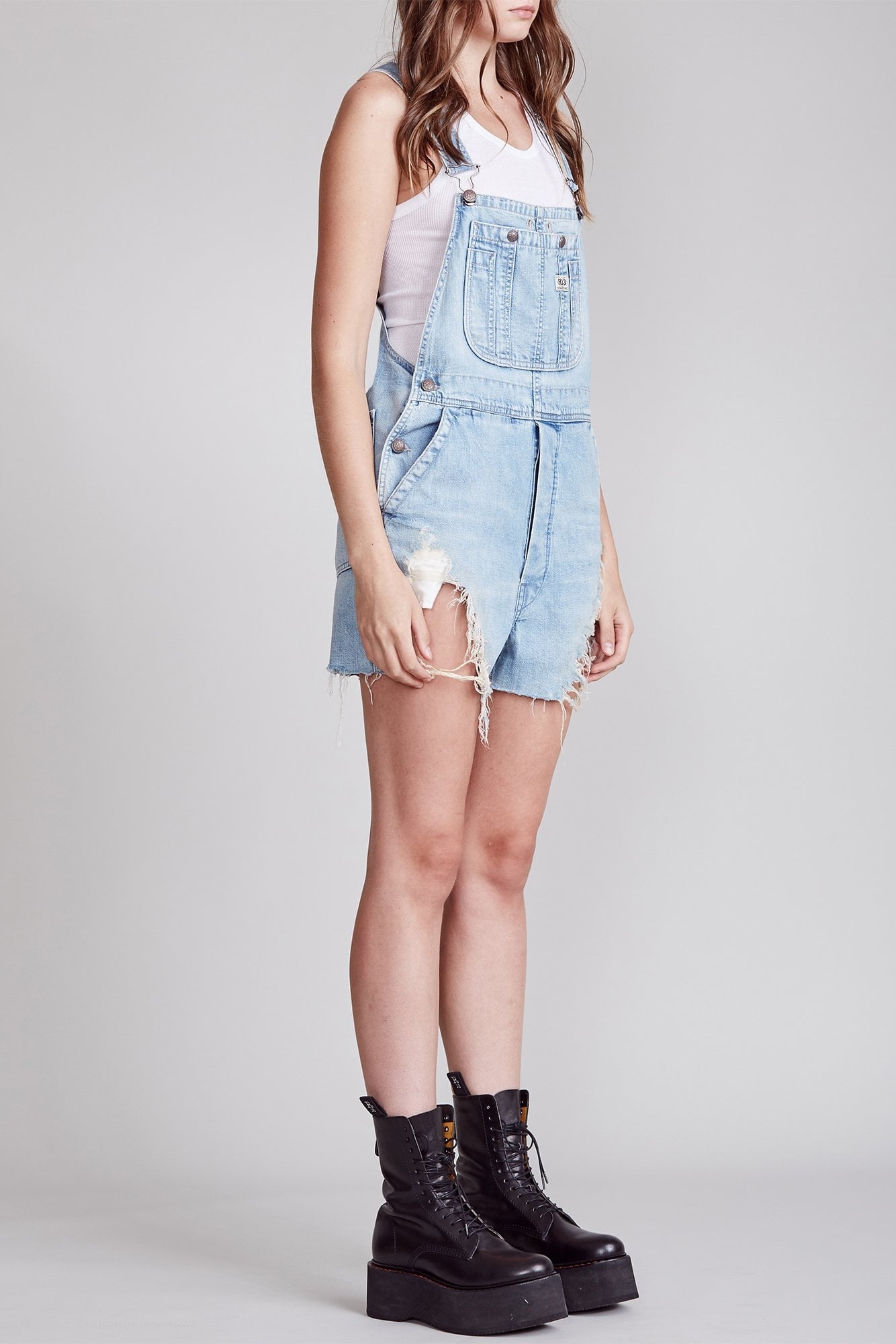 R13 Distressed Denim Overalls