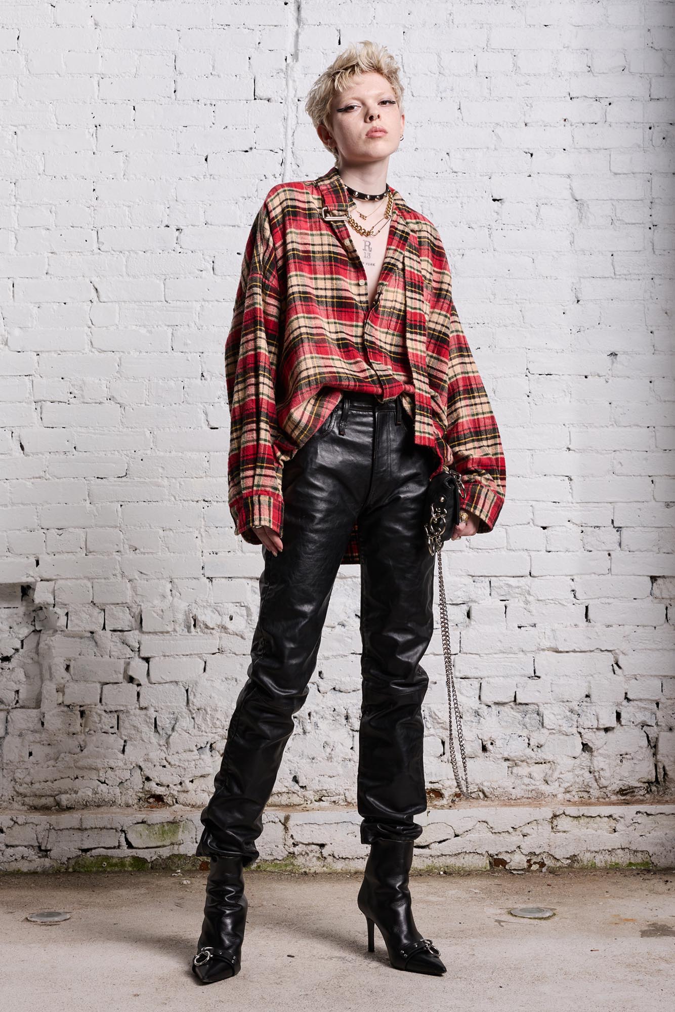 OVERSIZED BELT COLLAR SHIRT - BLEACHED RED PLAID - R13