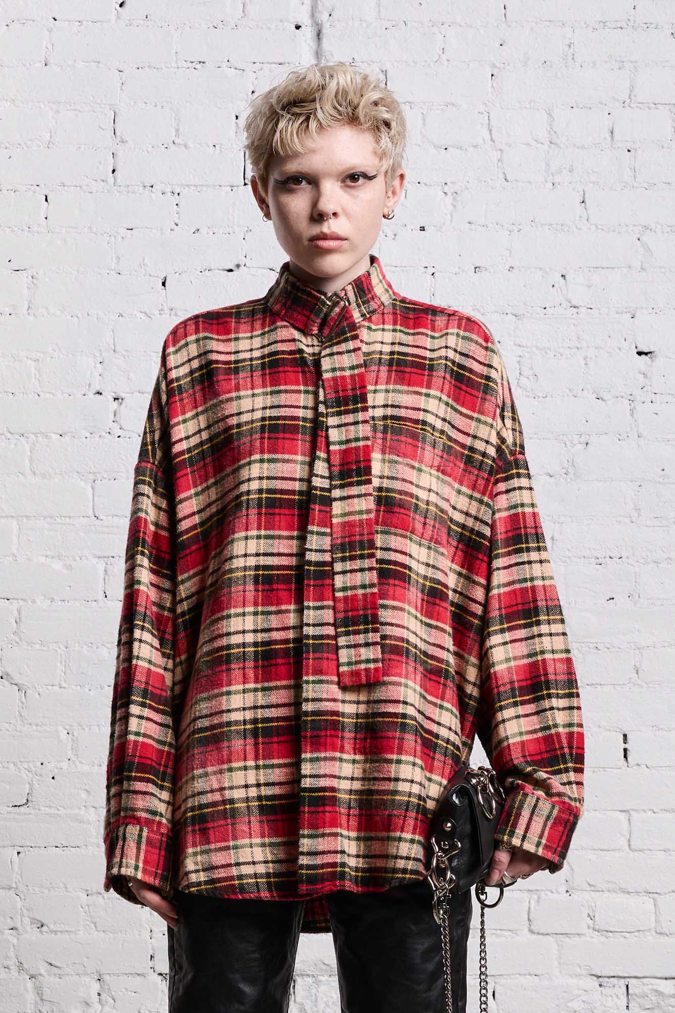 OVERSIZED BELT COLLAR SHIRT - BLEACHED RED PLAID - R13