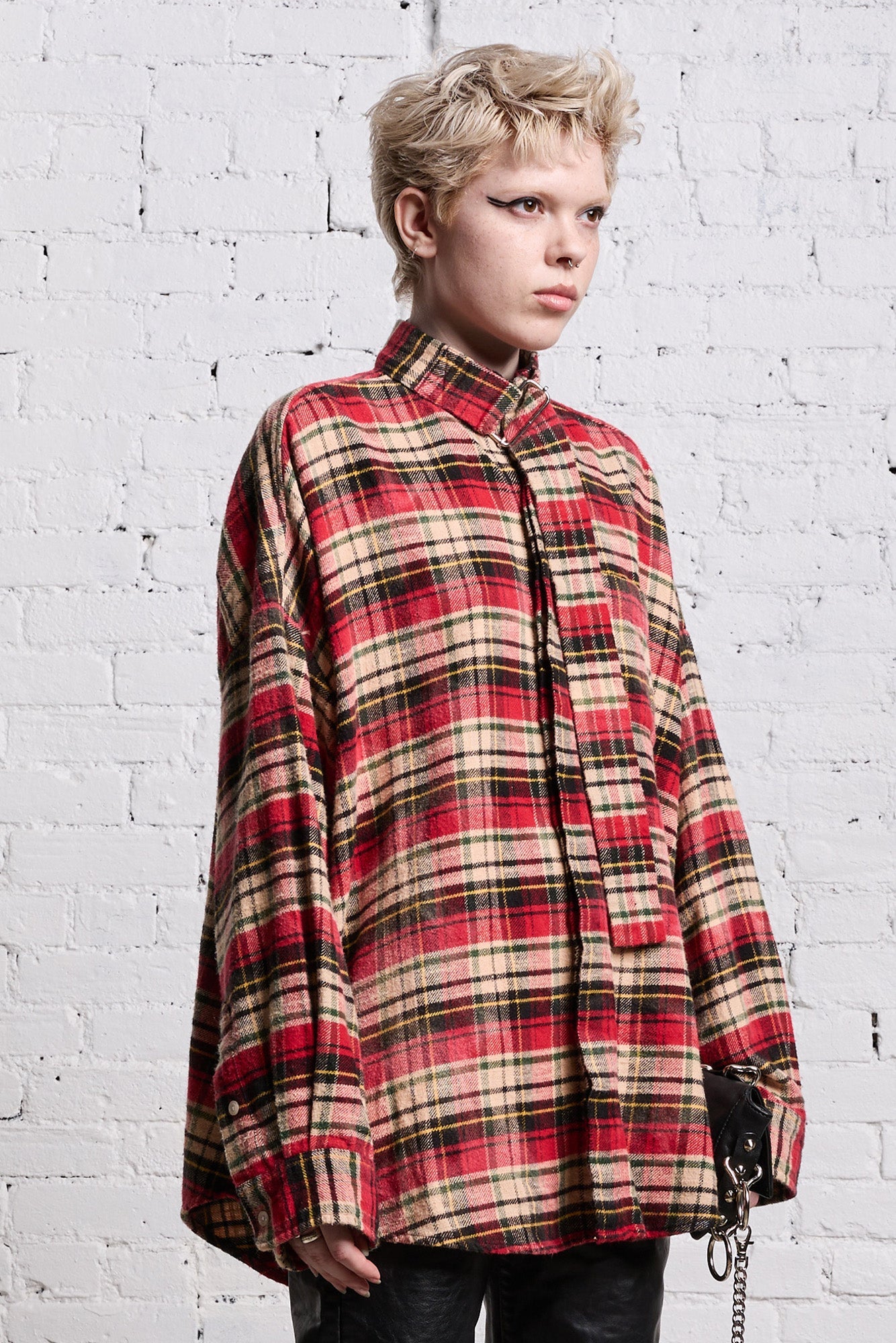 OVERSIZED BELT COLLAR SHIRT - BLEACHED RED PLAID - R13