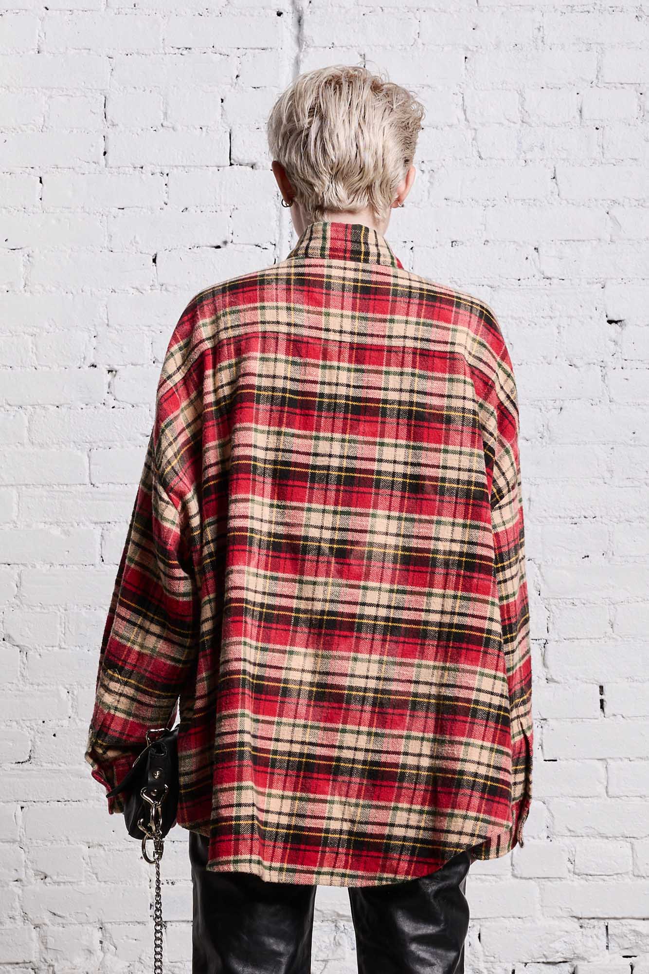 OVERSIZED BELT COLLAR SHIRT - BLEACHED RED PLAID - R13