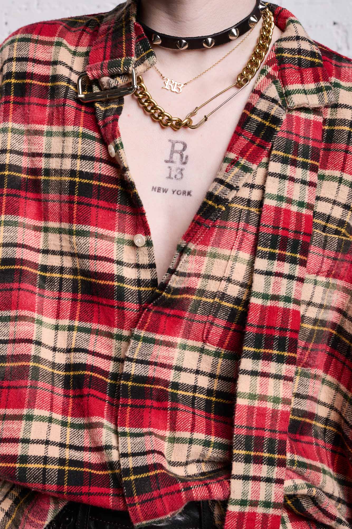 OVERSIZED BELT COLLAR SHIRT - BLEACHED RED PLAID - R13