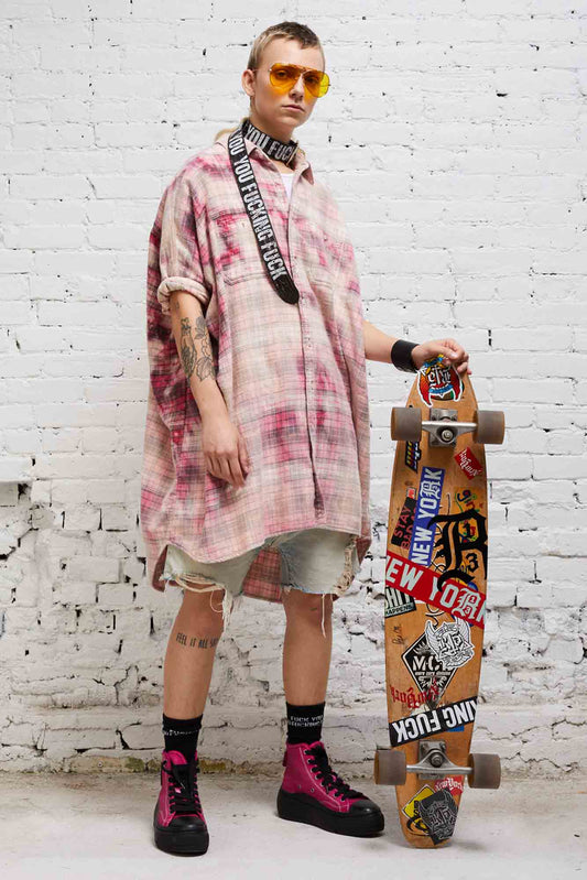 OVERSIZED BOXY SHIRTDRESS - BLEACHED RED PLAID - R13