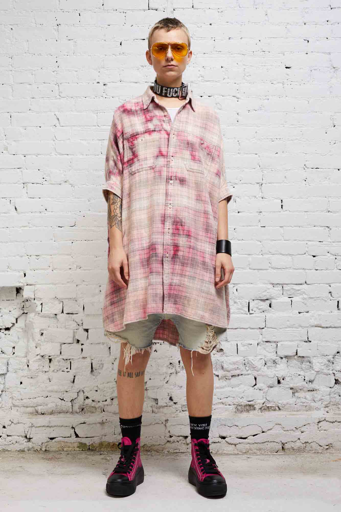 OVERSIZED BOXY SHIRTDRESS - BLEACHED RED PLAID - R13