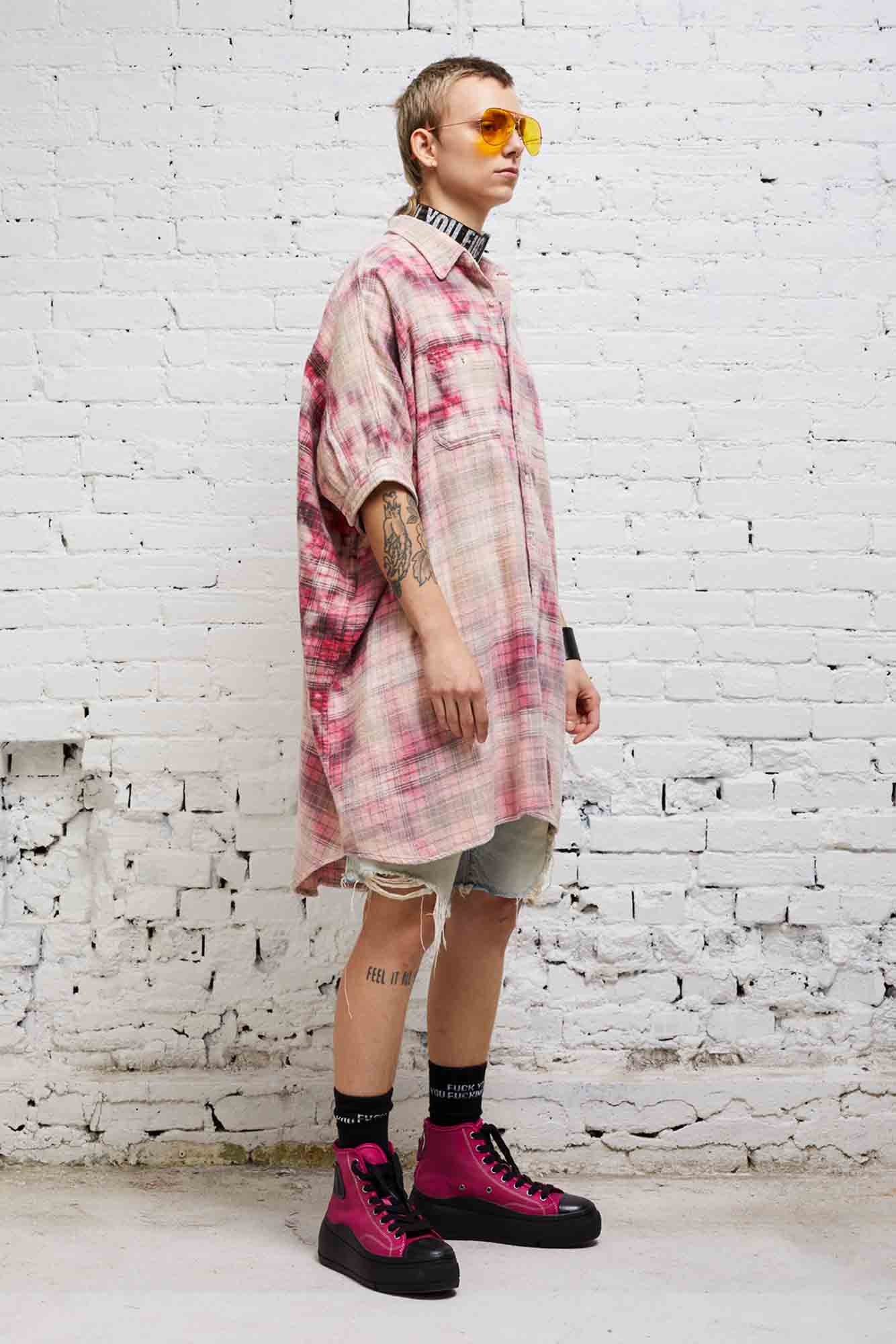 OVERSIZED BOXY SHIRTDRESS - BLEACHED RED PLAID - R13