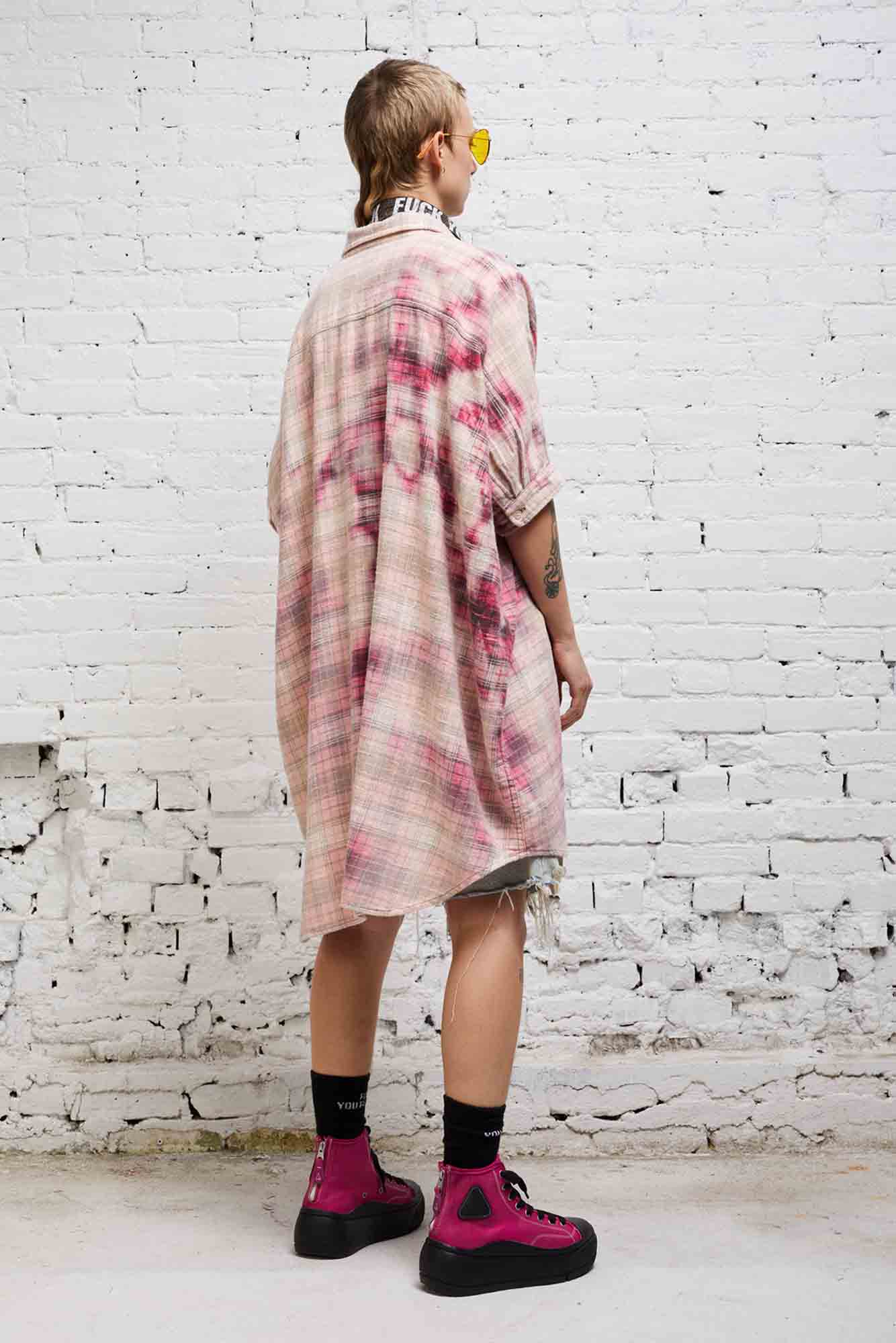 OVERSIZED BOXY SHIRTDRESS - BLEACHED RED PLAID - R13