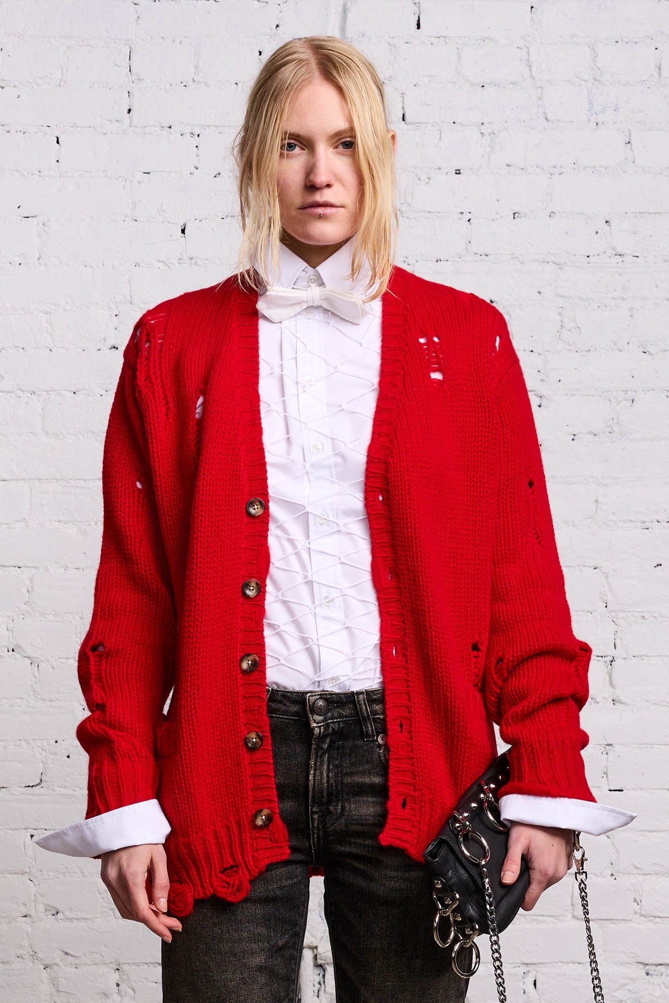 OVERSIZED DISTRESSED CARDIGAN - RED CASHMERE - R13