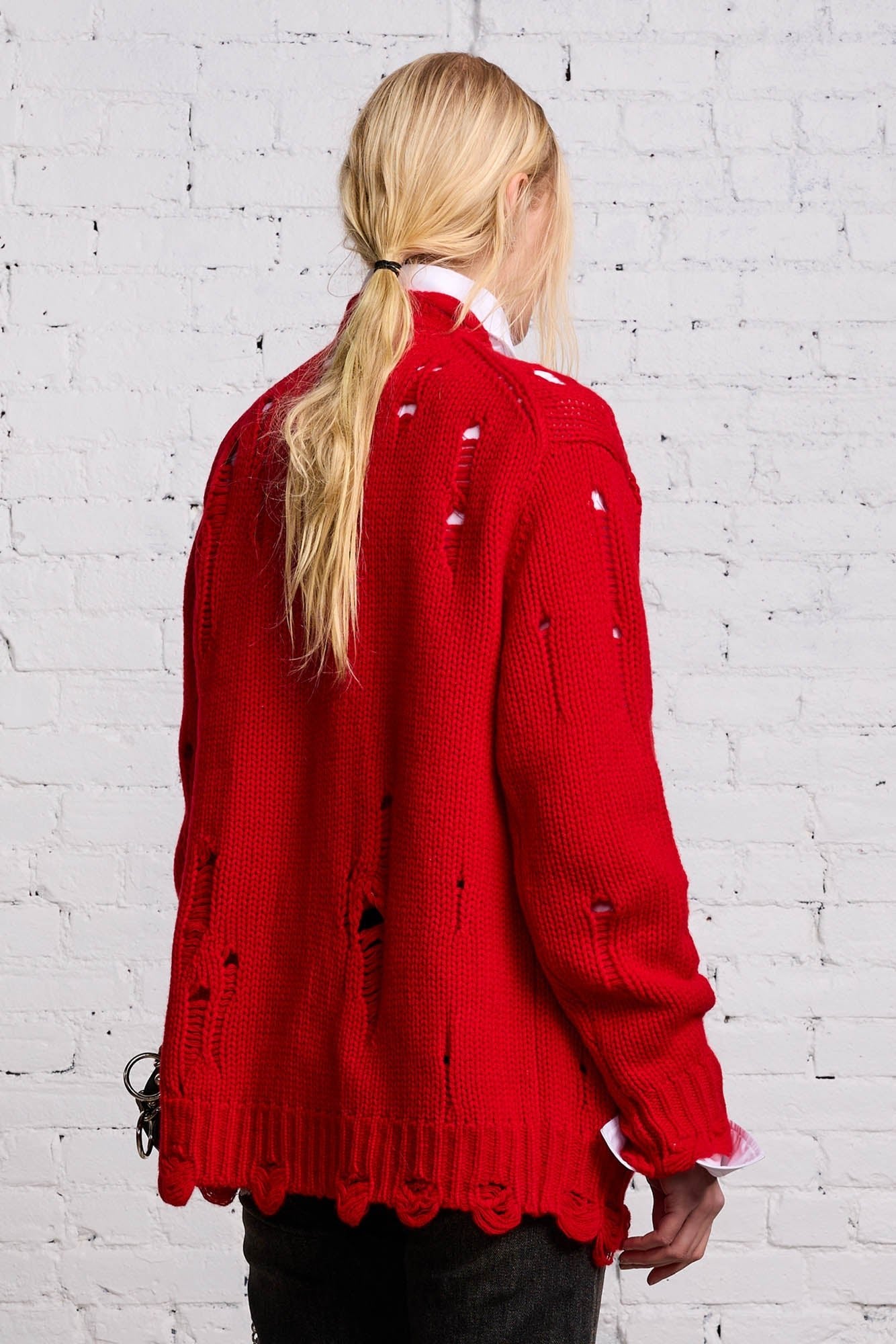 OVERSIZED DISTRESSED CARDIGAN - RED CASHMERE - R13