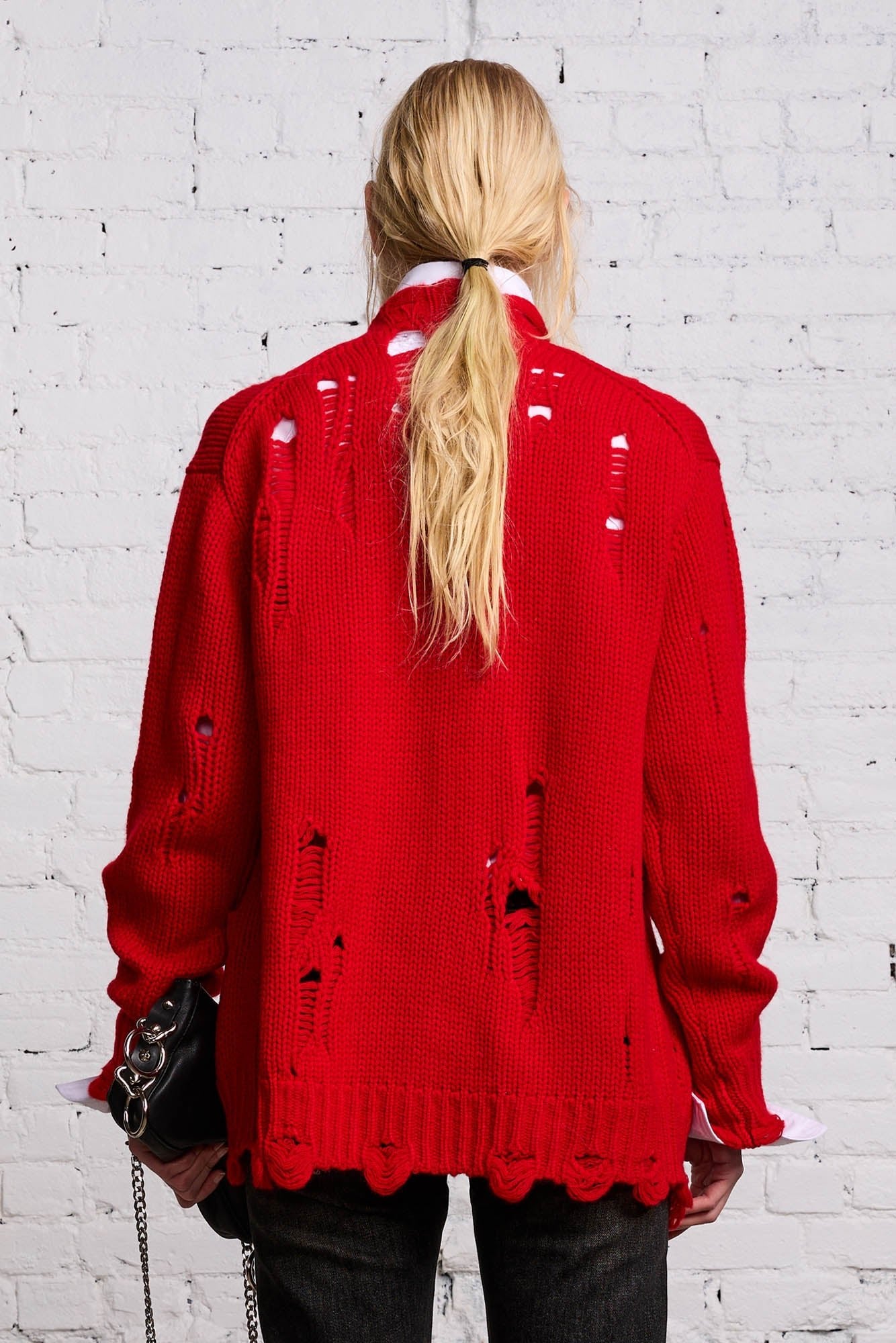 OVERSIZED DISTRESSED CARDIGAN - RED CASHMERE - R13