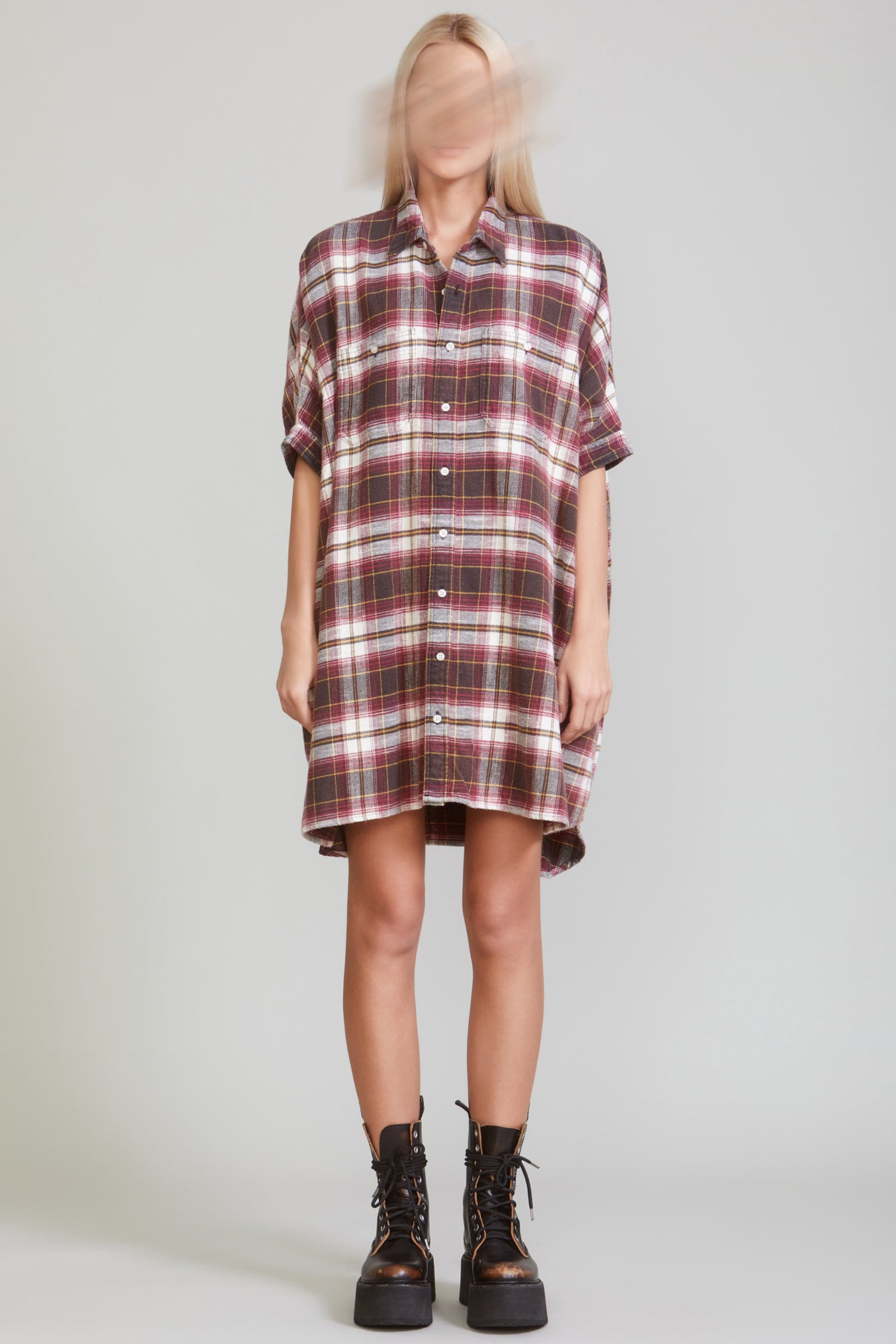 PLAID OVERSIZED BOXY SHIRTDRESS - ECRU/MAROON PLAID - R13