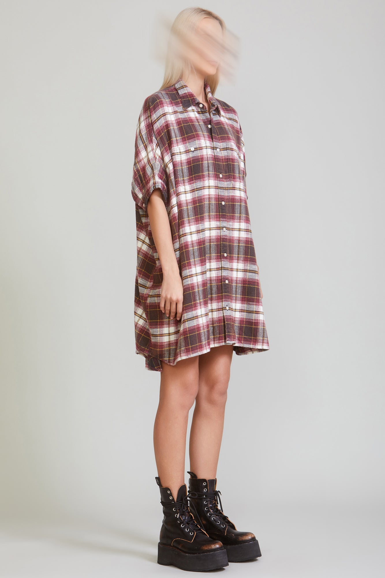 PLAID OVERSIZED BOXY SHIRTDRESS - ECRU/MAROON PLAID - R13