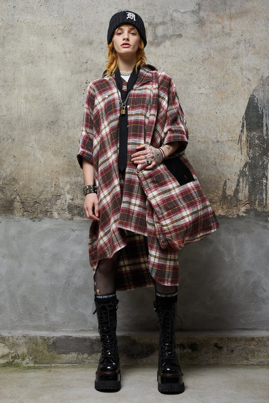 PLAID OVERSIZED BOXY SHIRTDRESS - ECRU/MAROON PLAID - R13