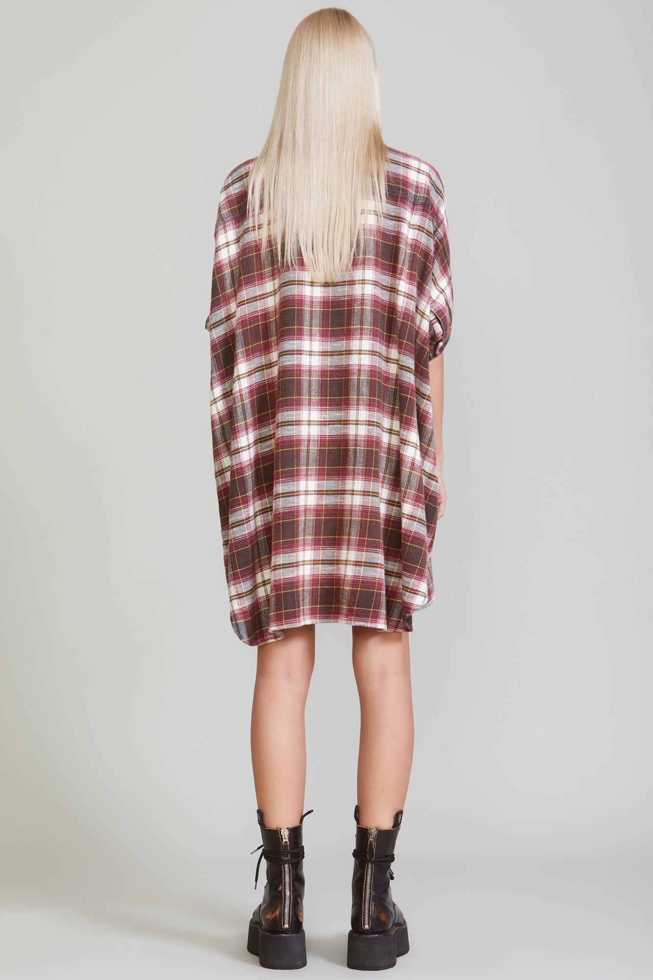 PLAID OVERSIZED BOXY SHIRTDRESS - ECRU/MAROON PLAID - R13