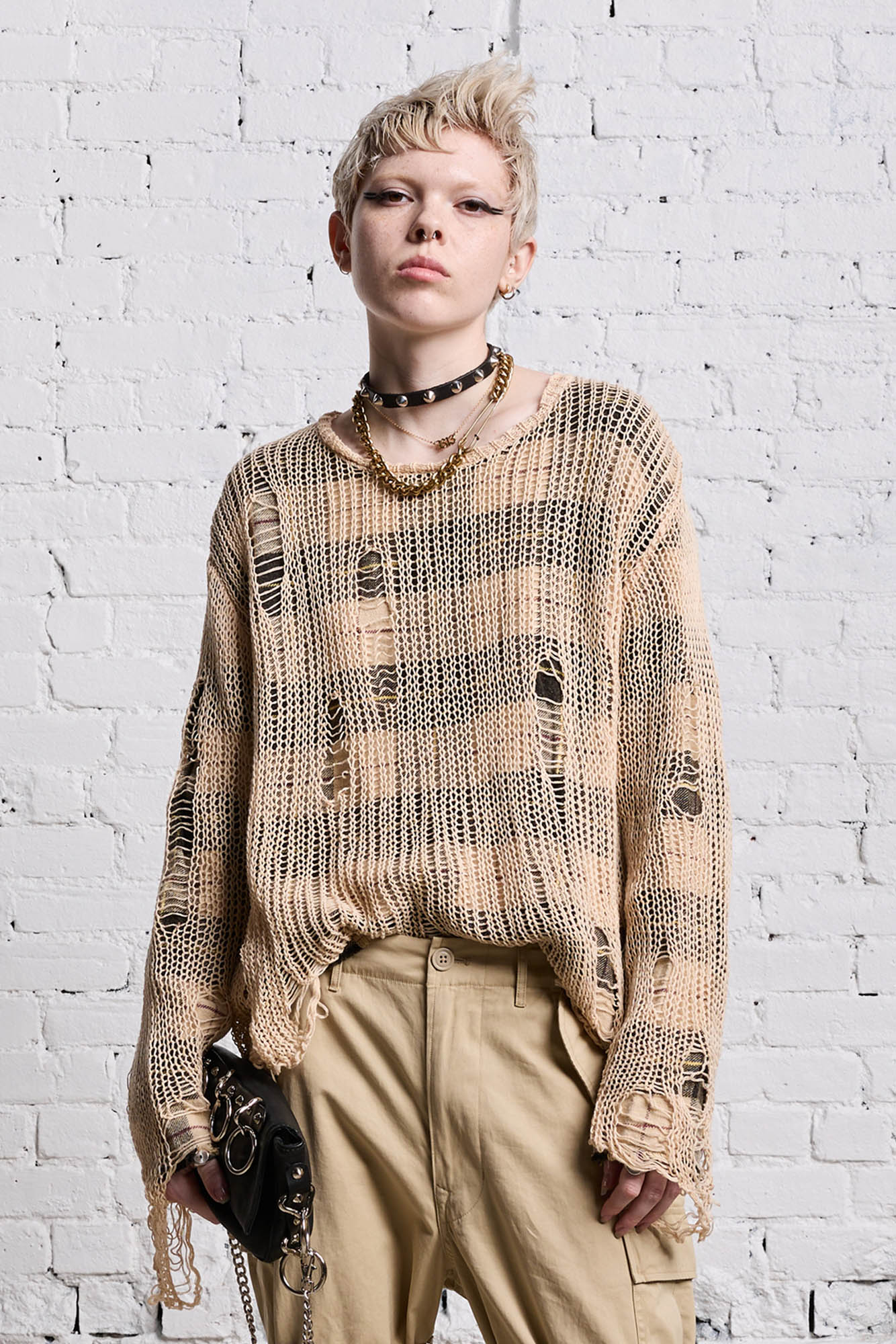 RELAXED OVERLAY CREWNECK - CREAM AND BLACK PLAID - R13