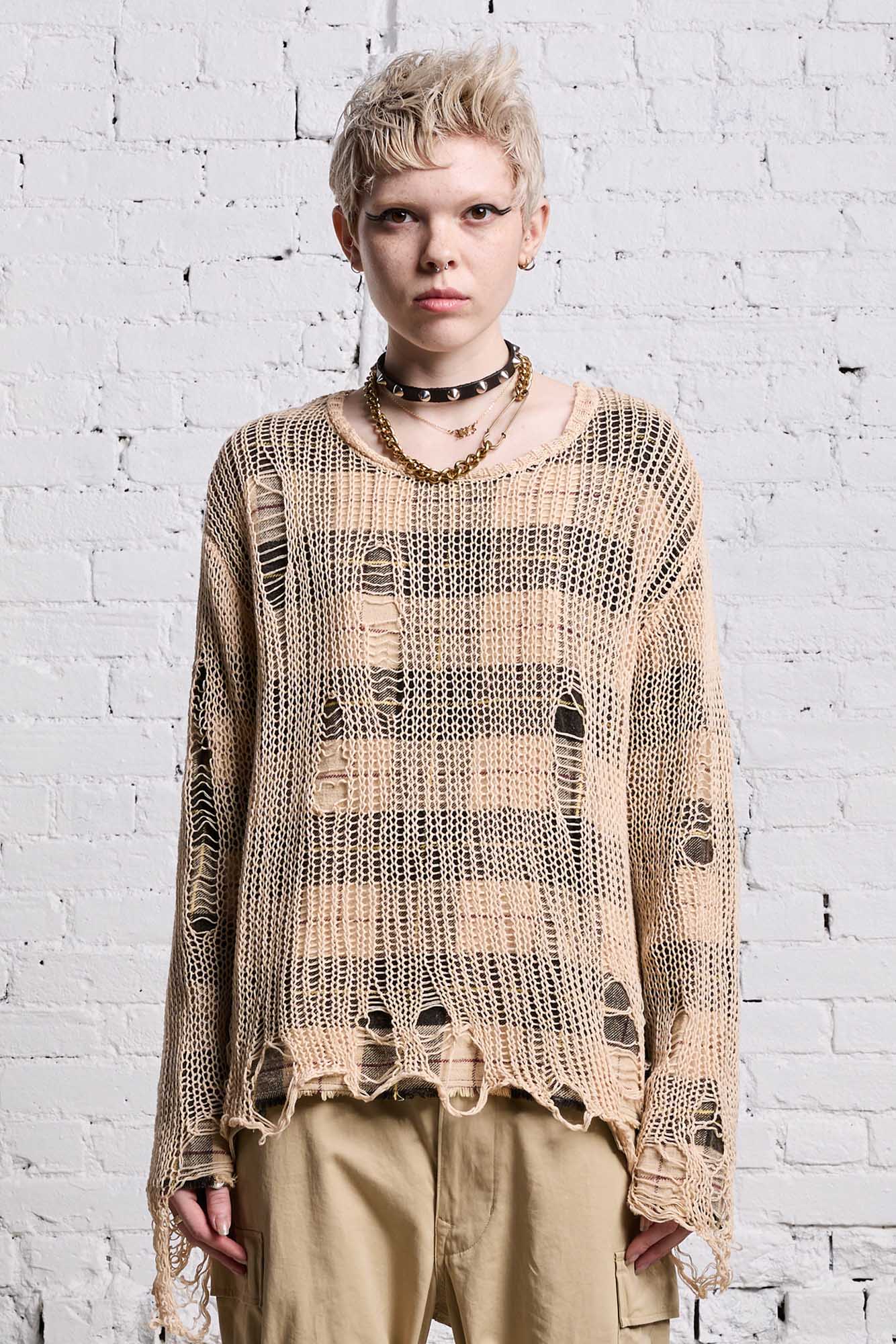 RELAXED OVERLAY CREWNECK - CREAM AND BLACK PLAID - R13