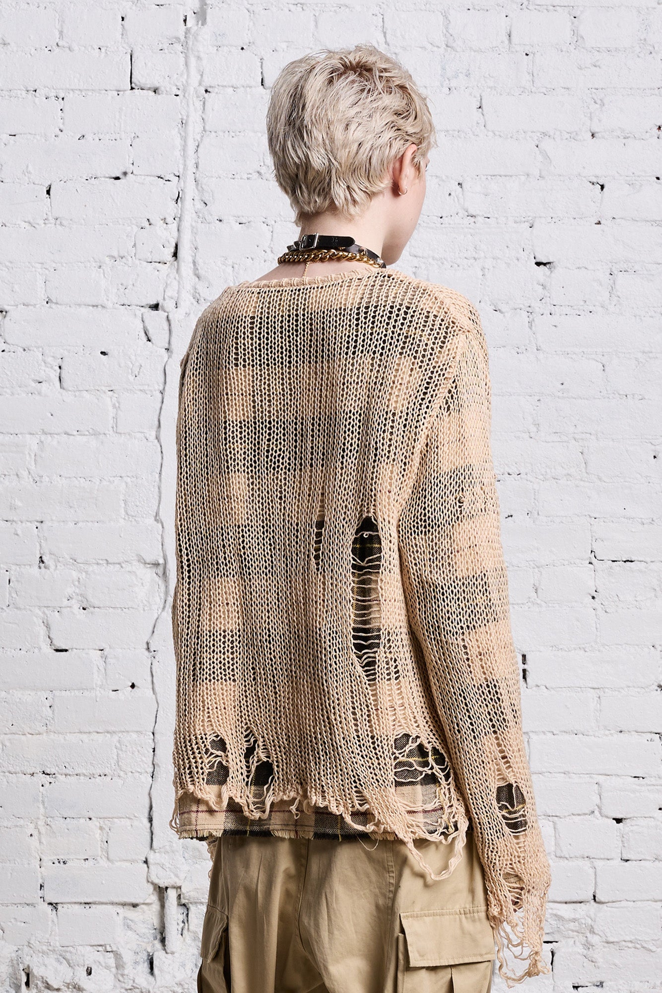 RELAXED OVERLAY CREWNECK - CREAM AND BLACK PLAID - R13