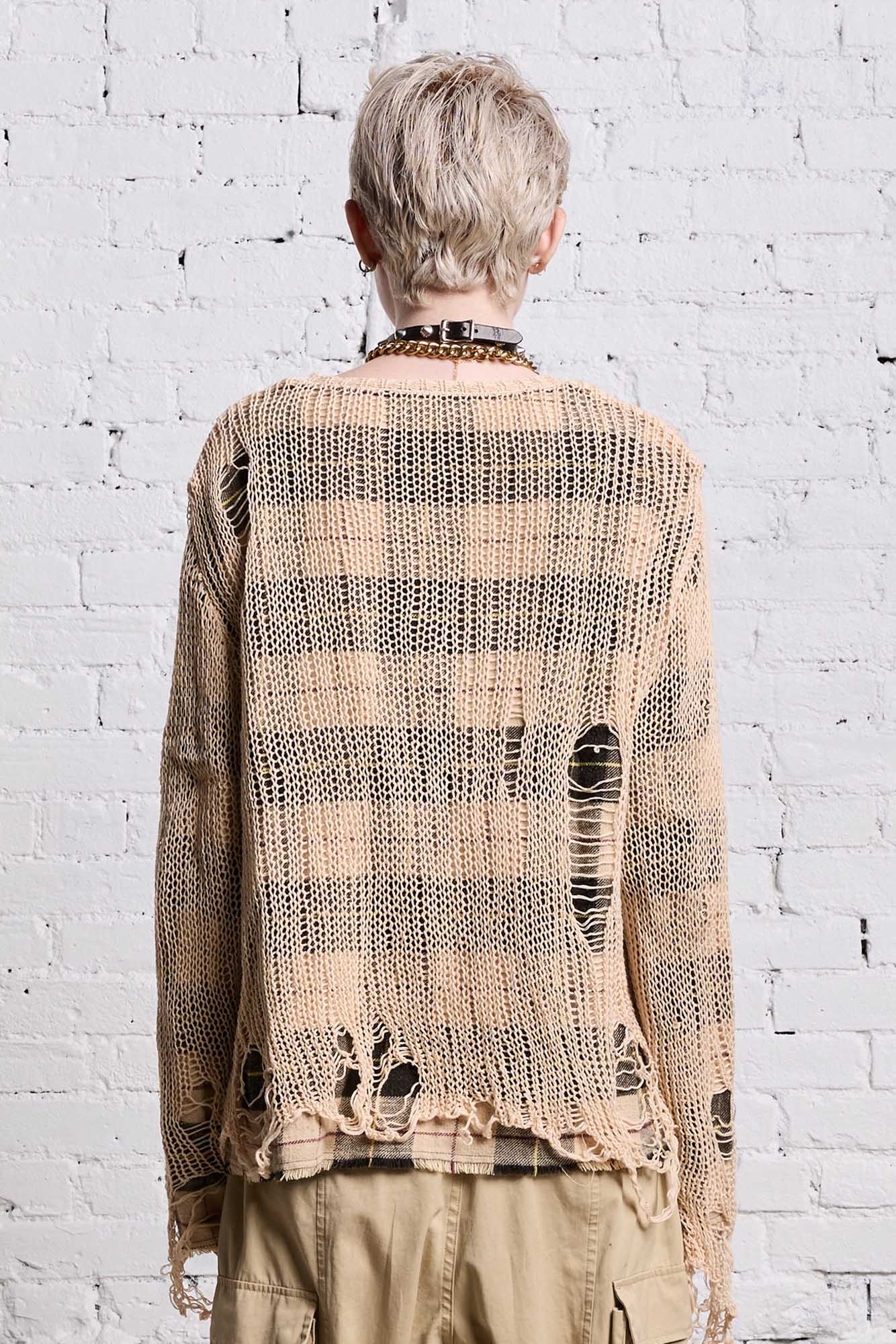 RELAXED OVERLAY CREWNECK - CREAM AND BLACK PLAID - R13