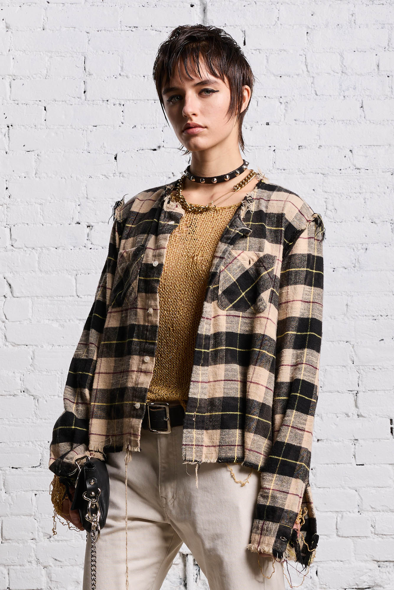 SHREDDED CREWNECK SHIRT - BLEACHED BEIGE PLAID - R13