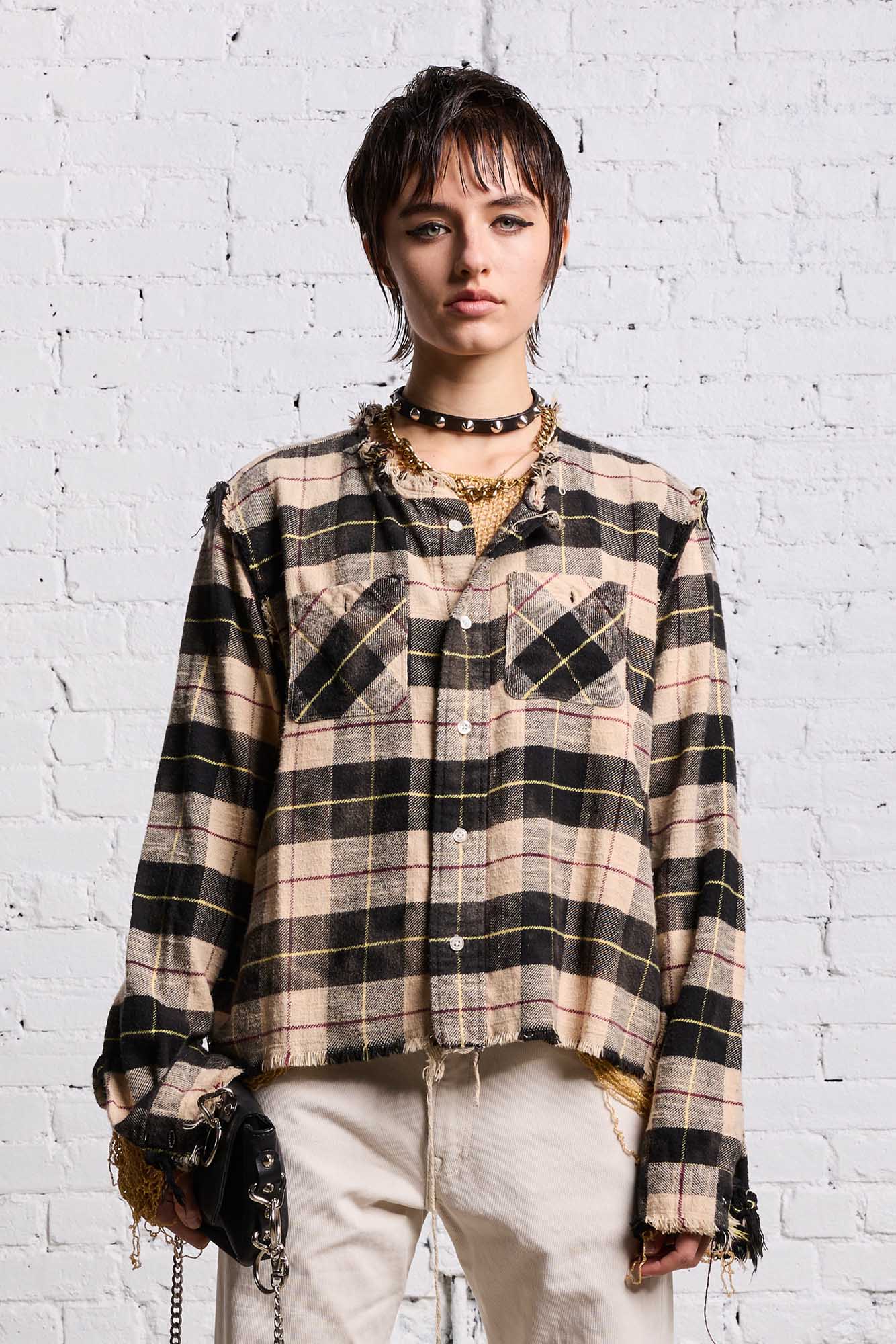 SHREDDED CREWNECK SHIRT - BLEACHED BEIGE PLAID - R13