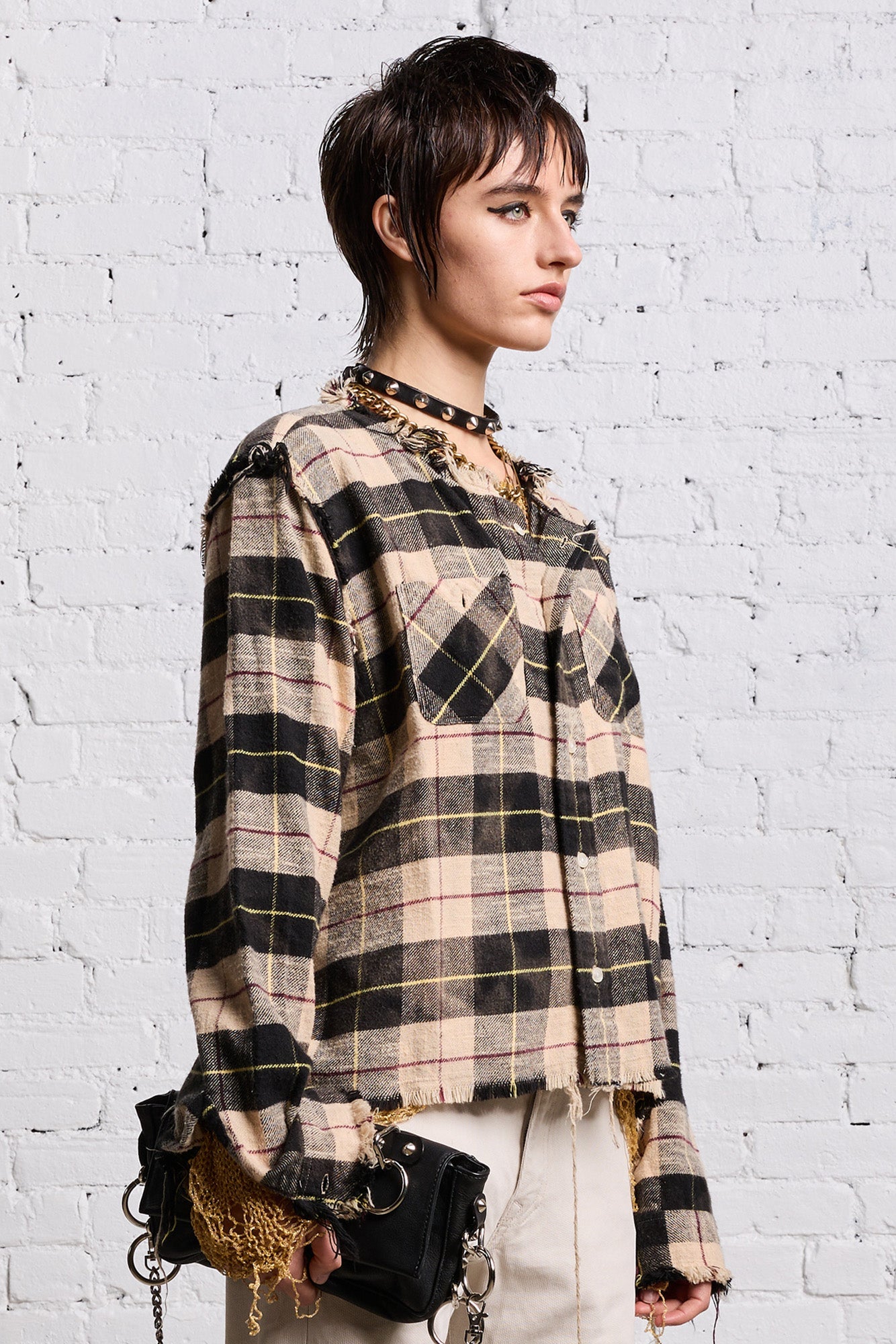 SHREDDED CREWNECK SHIRT - BLEACHED BEIGE PLAID - R13