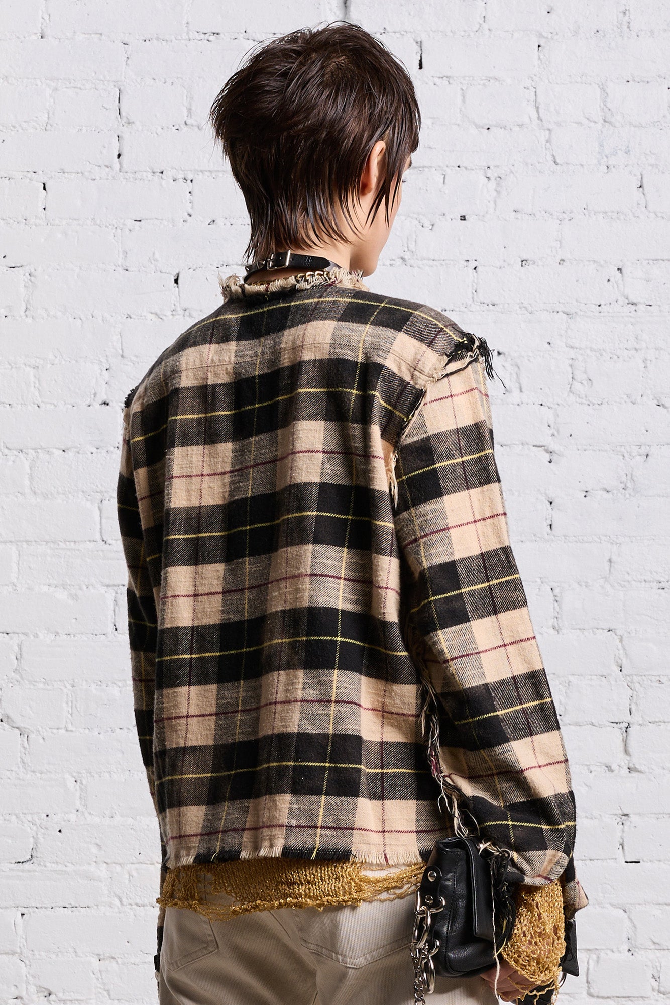 SHREDDED CREWNECK SHIRT - BLEACHED BEIGE PLAID - R13