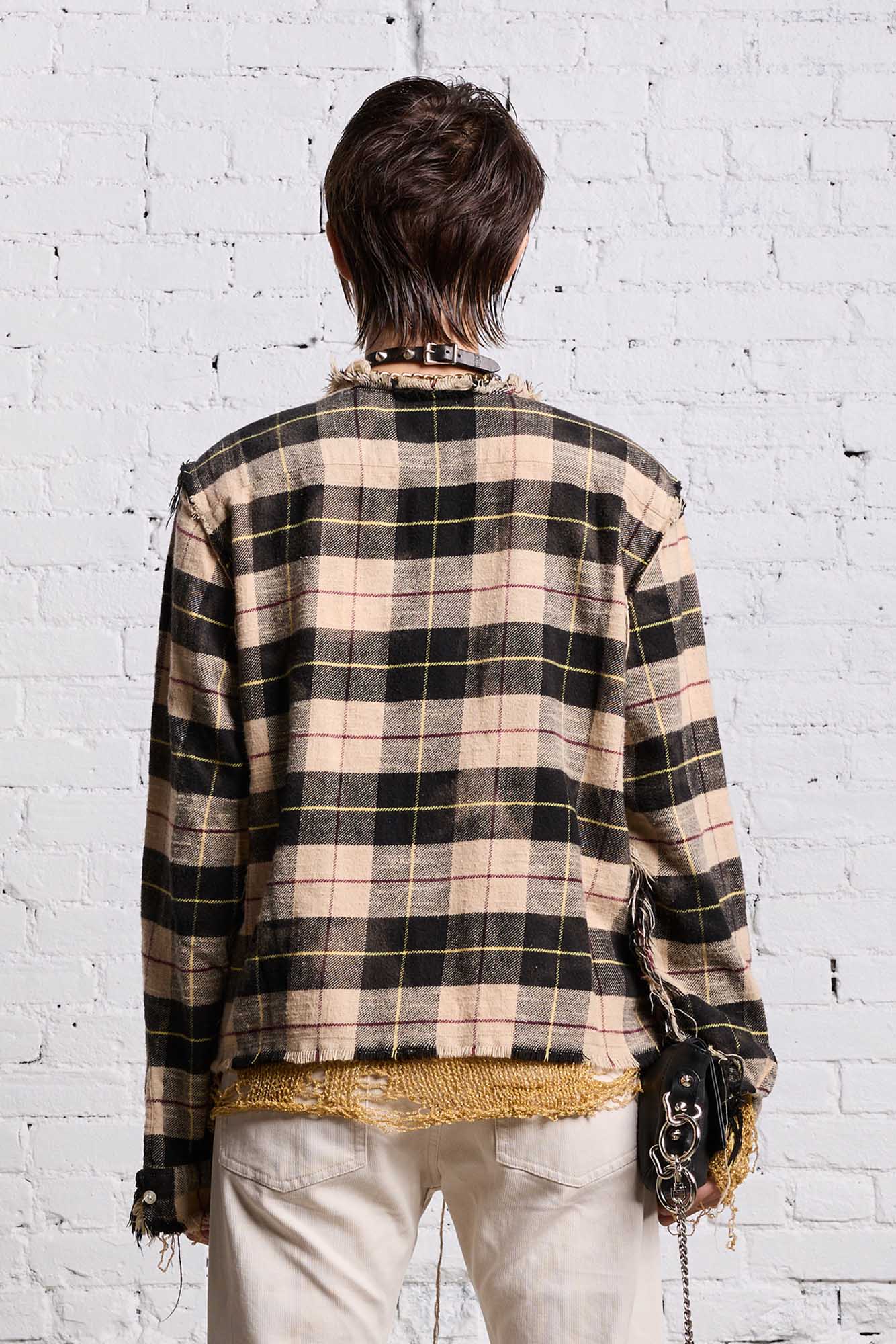 SHREDDED CREWNECK SHIRT - BLEACHED BEIGE PLAID - R13