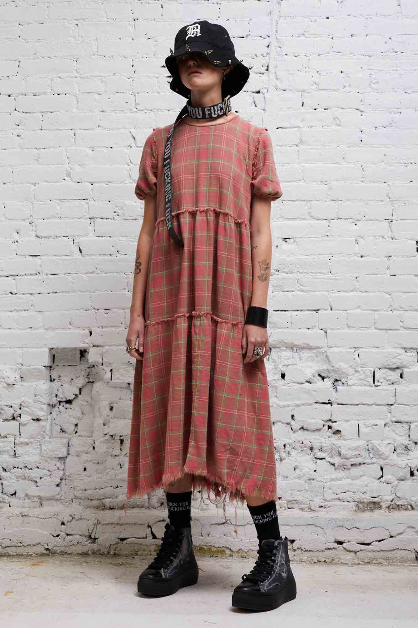 SHREDDED RELAXED MIDI - RED PLAID - R13