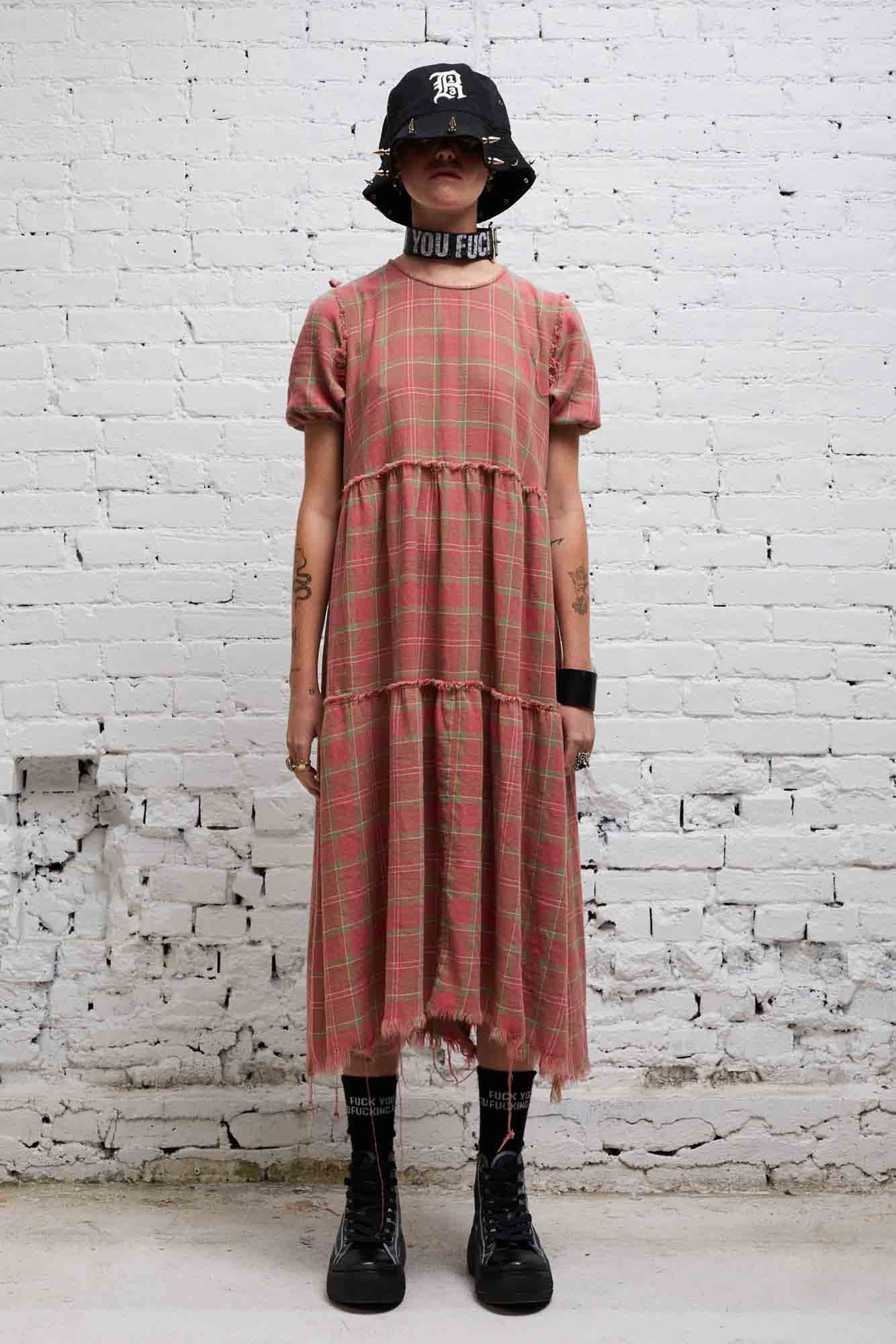 SHREDDED RELAXED MIDI - RED PLAID - R13