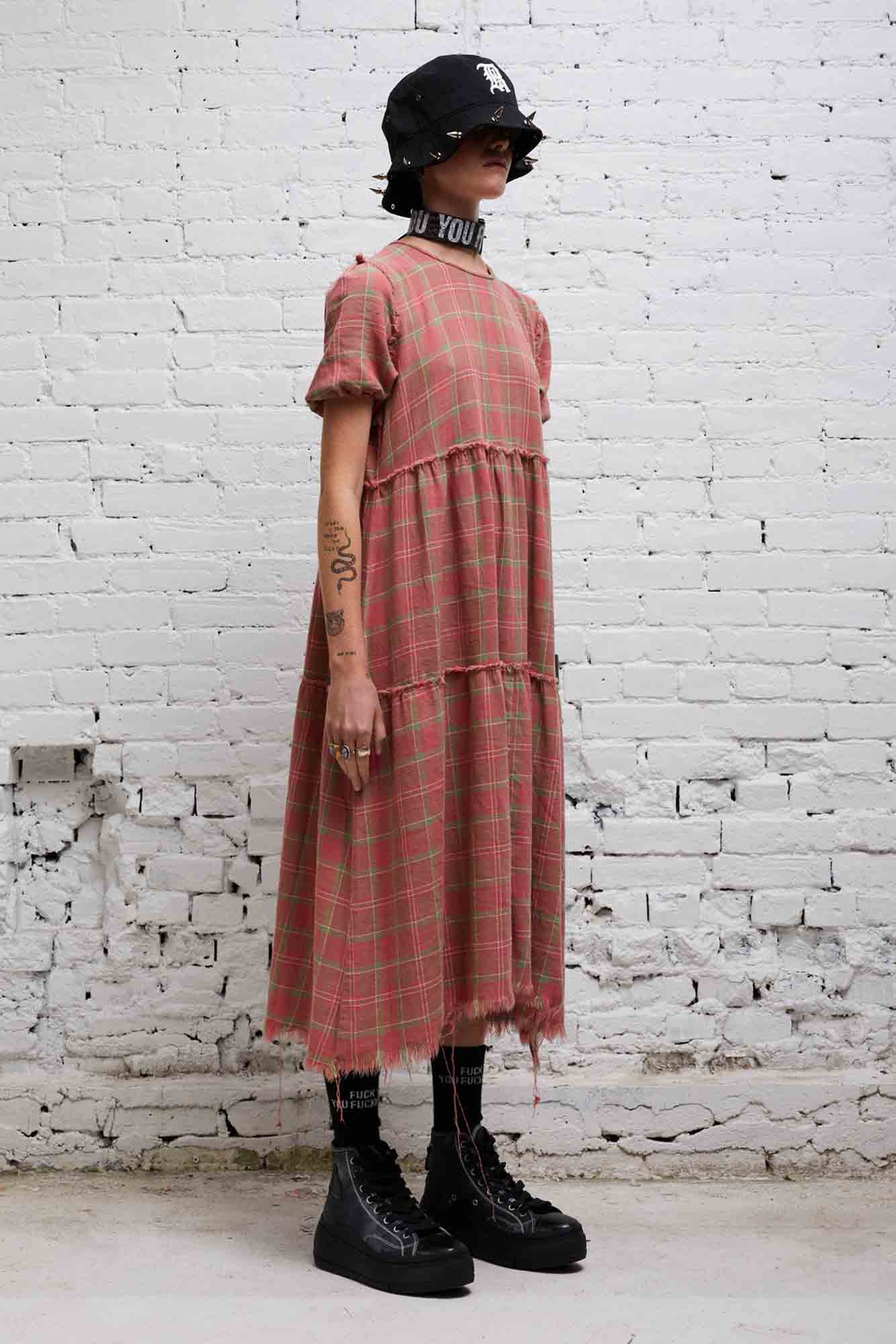 SHREDDED RELAXED MIDI - RED PLAID - R13