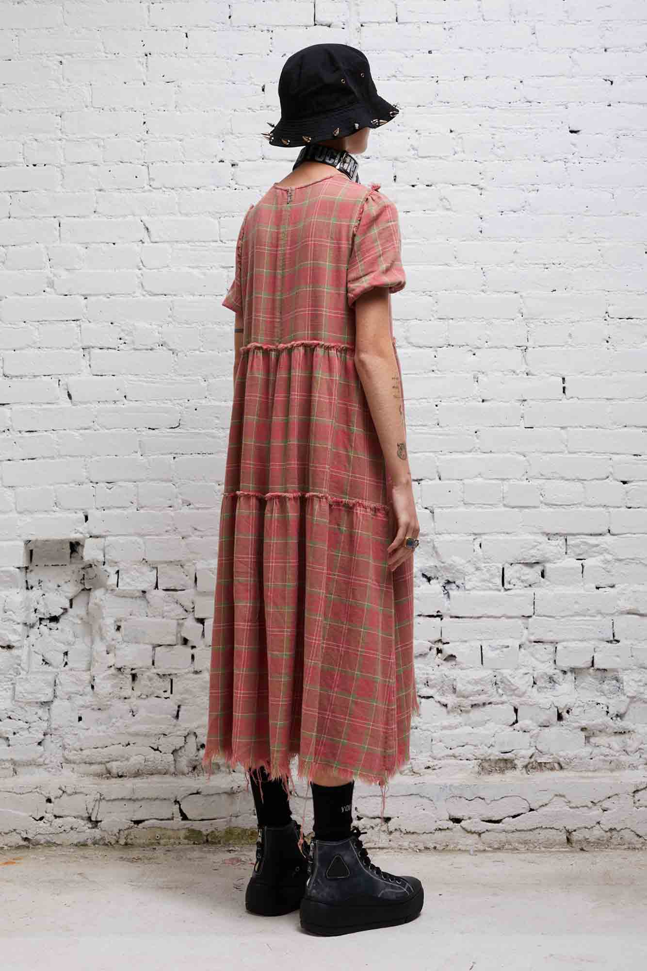 SHREDDED RELAXED MIDI - RED PLAID - R13