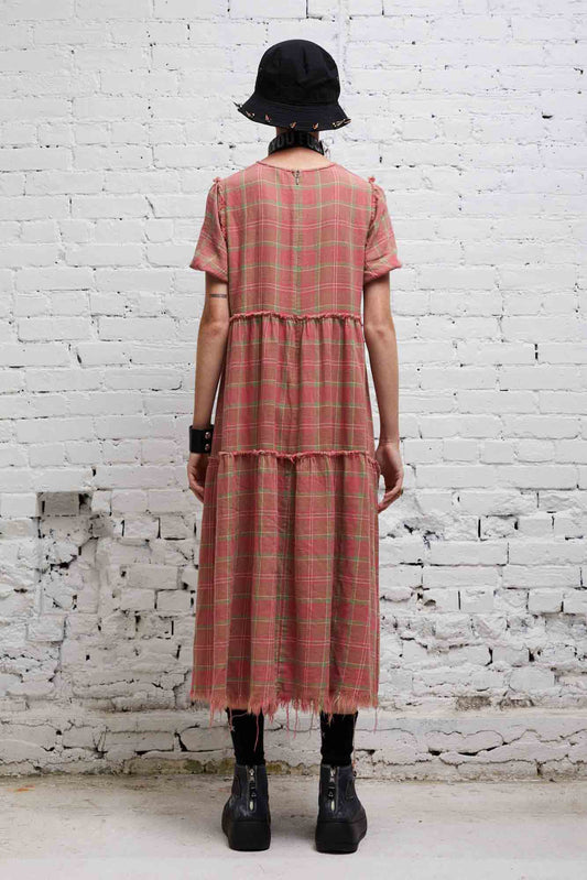 SHREDDED RELAXED MIDI - RED PLAID - R13