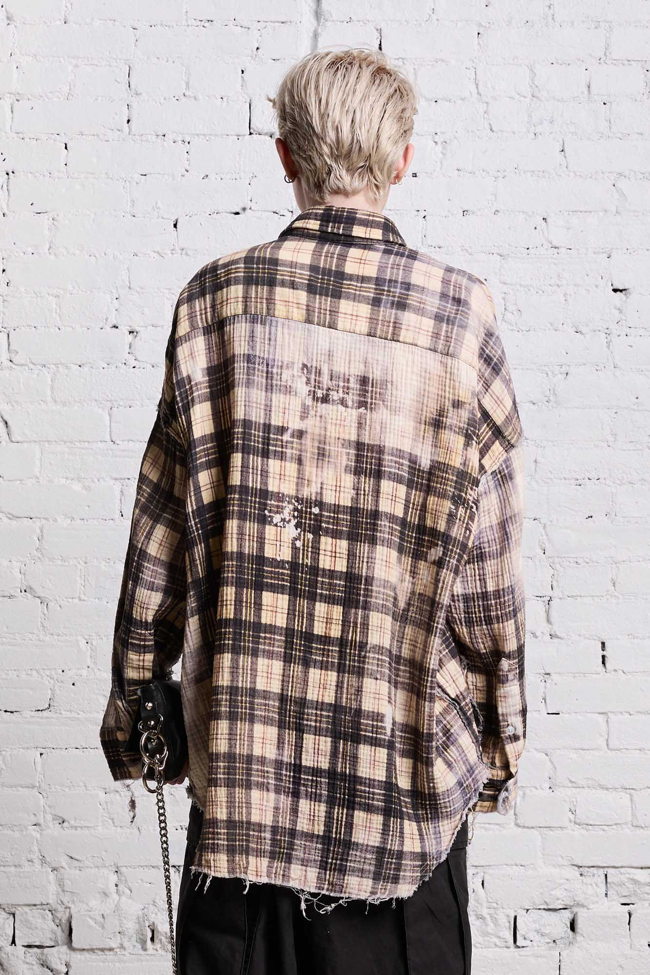 SHREDDED SEAM DROP NECK - BLEACH PRINTED PLAID - R13