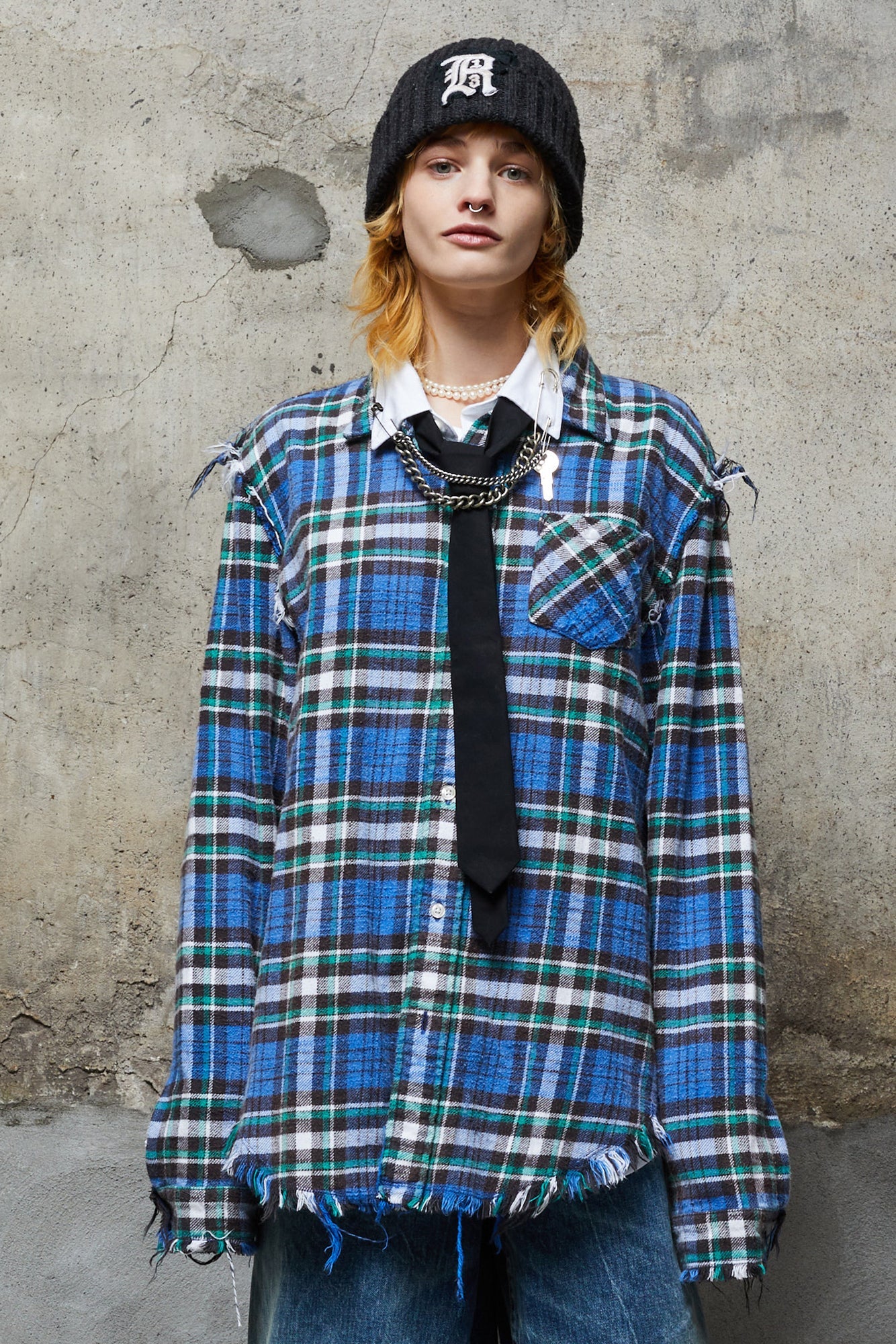 SHREDDED SEAM SHIRT - BLUE/GREEN PLAID - R13