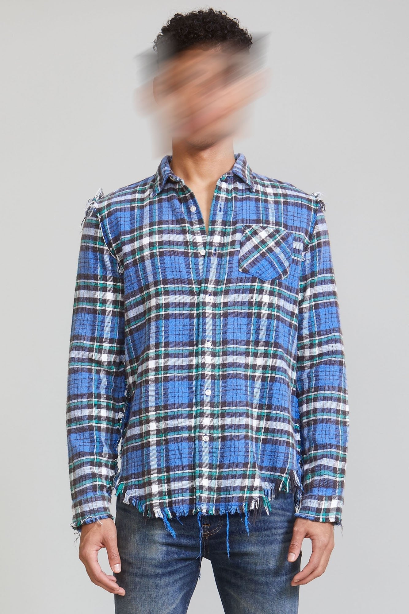 SHREDDED SEAM SHIRT - BLUE/GREEN PLAID - R13