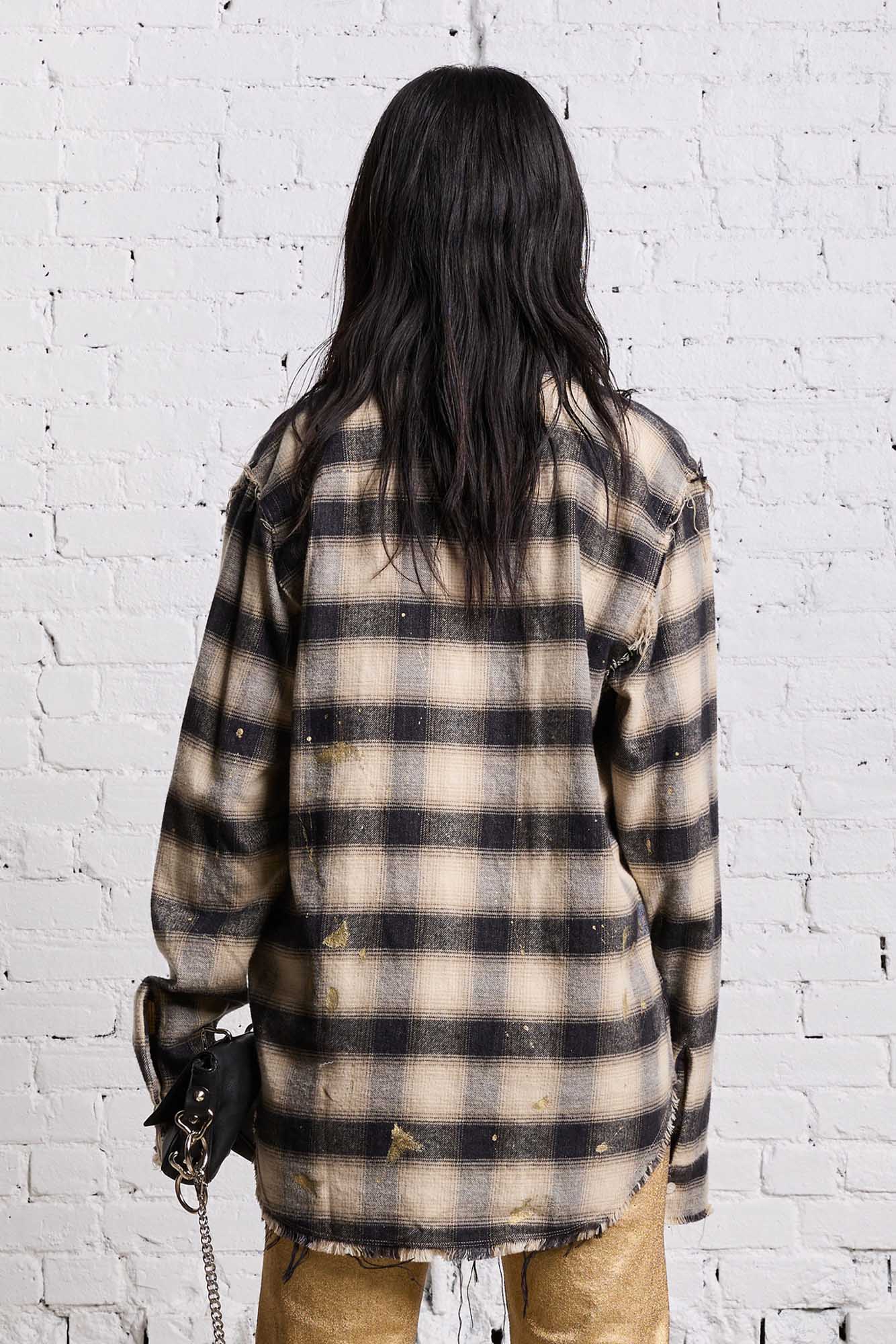 SHREDDED SEAM SHIRT - GOLD SPLATTERED BLACK PLAID - R13