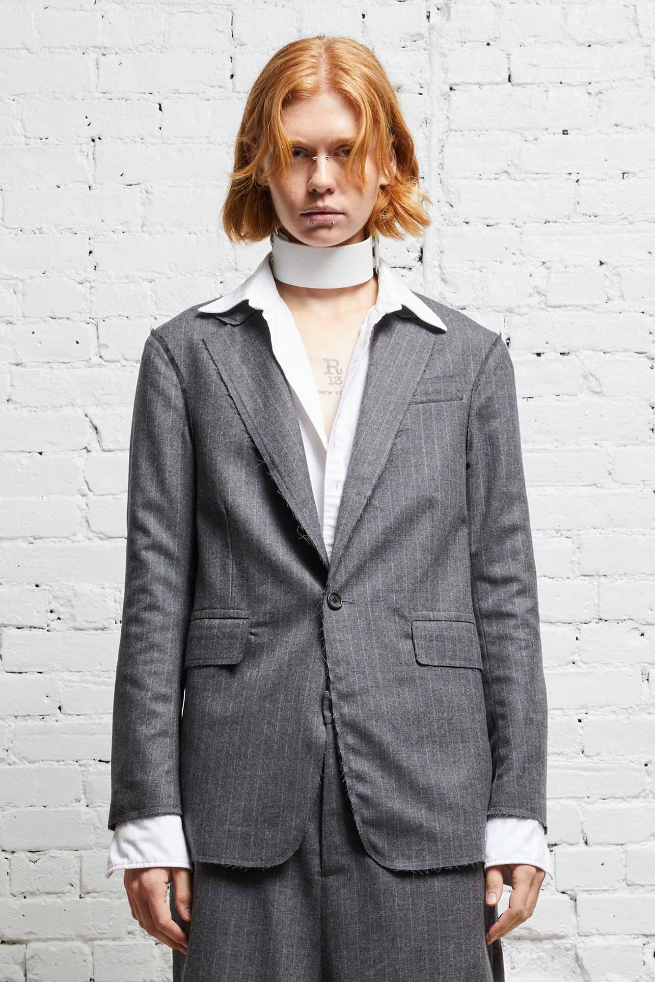 SHRUNKEN RAW CUT BLAZER - GREY PINSTRIPE - R13