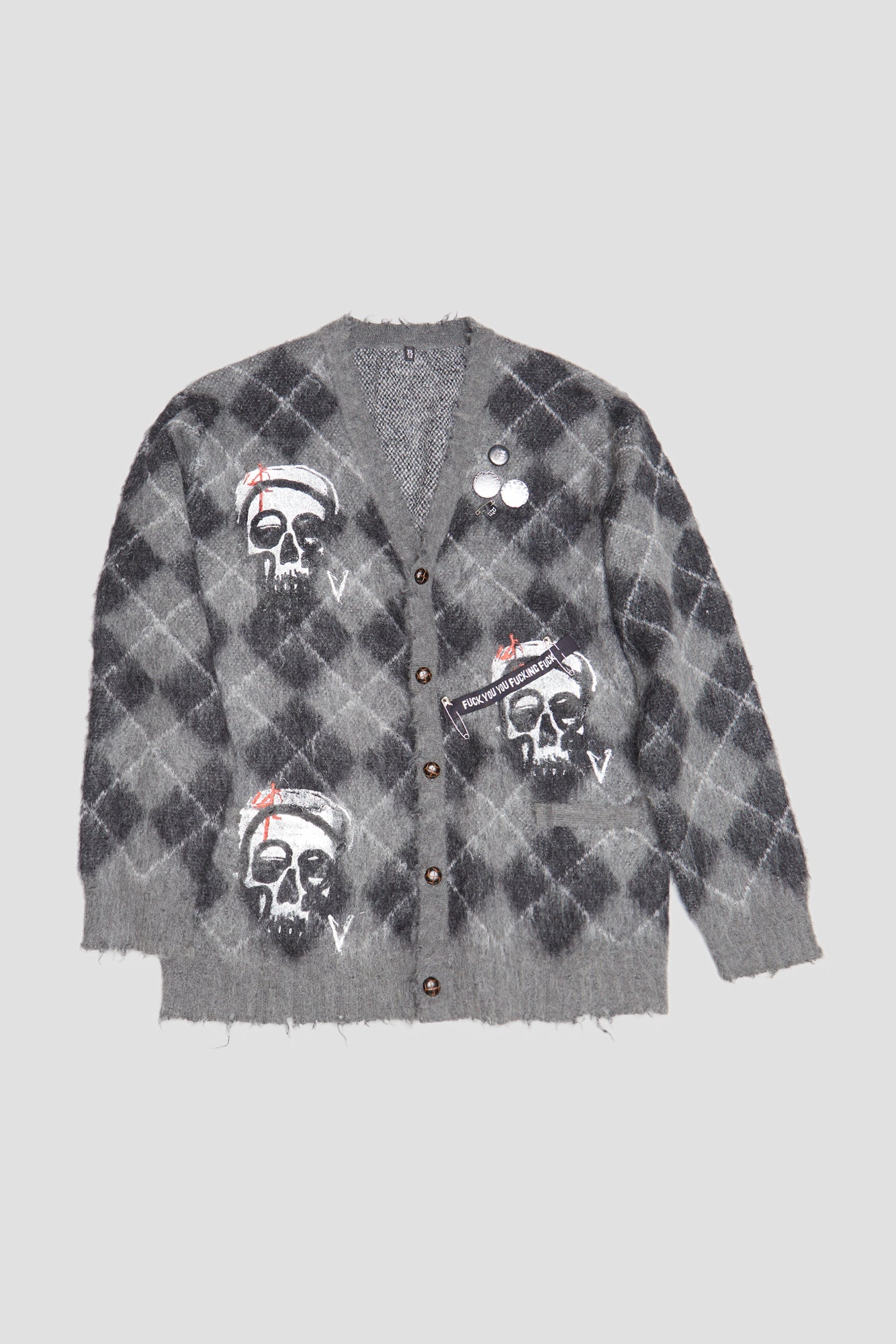 SKULL PRINT CARDIGAN - GREY/BLACK ARGYLE - R13