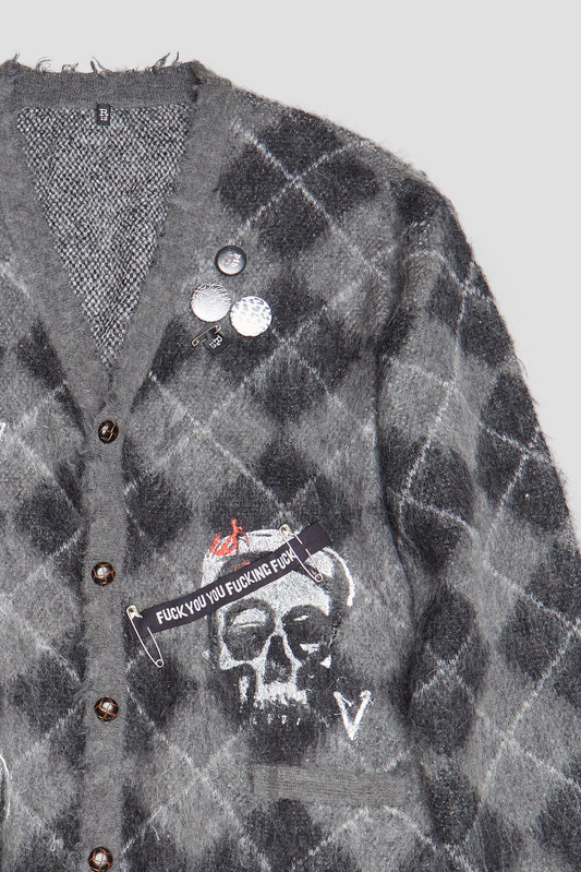 SKULL PRINT CARDIGAN - GREY/BLACK ARGYLE - R13